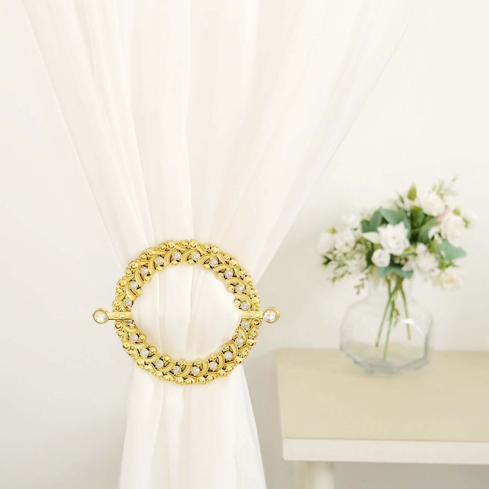 2 Pack 7" Gold Barrette Style Acrylic Crystal Curtain Tie Backs, Round Backdrop Drapery Brooch Holdbacks