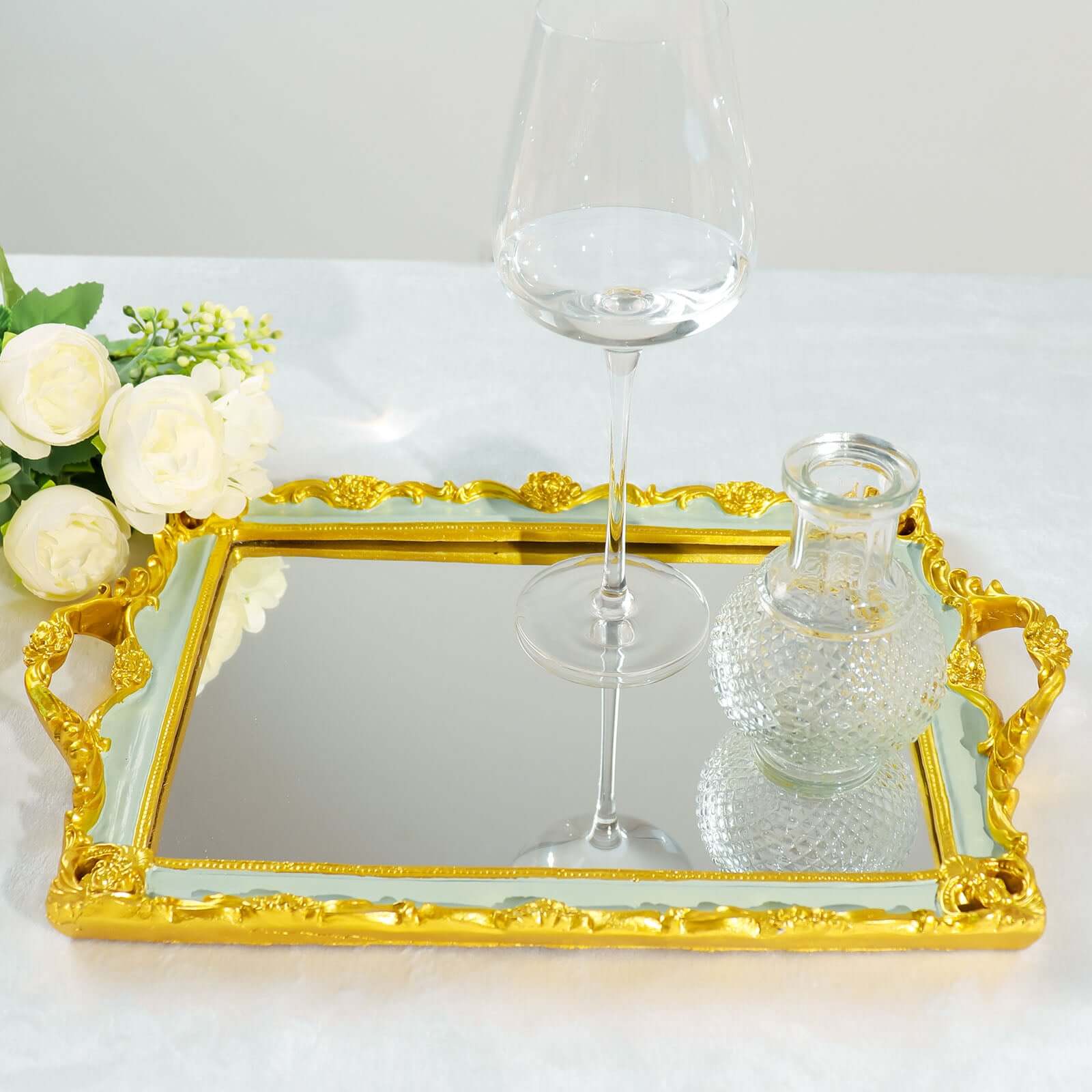 Resin Mirrored Rectangle Serving Tray 15"x10" in Mint Green with Gold Baroque Design, Stylish Decorative Vanity Tray Centerpiece