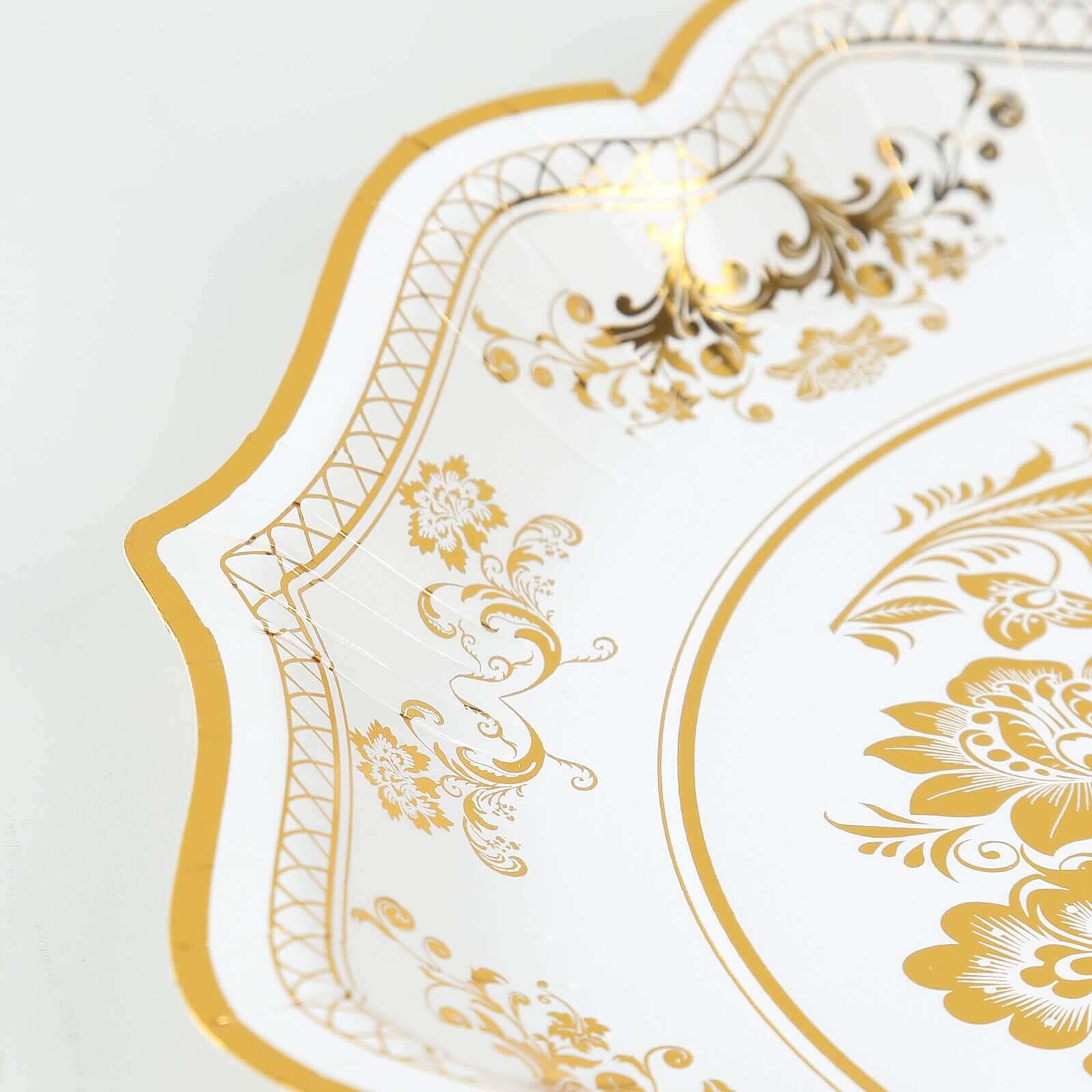 25-Pack Paper Dinner Plates in White Gold Damask Floral Print & Scallop Rim - Stylish Disposable 300GSM Floral Party Plates 10"