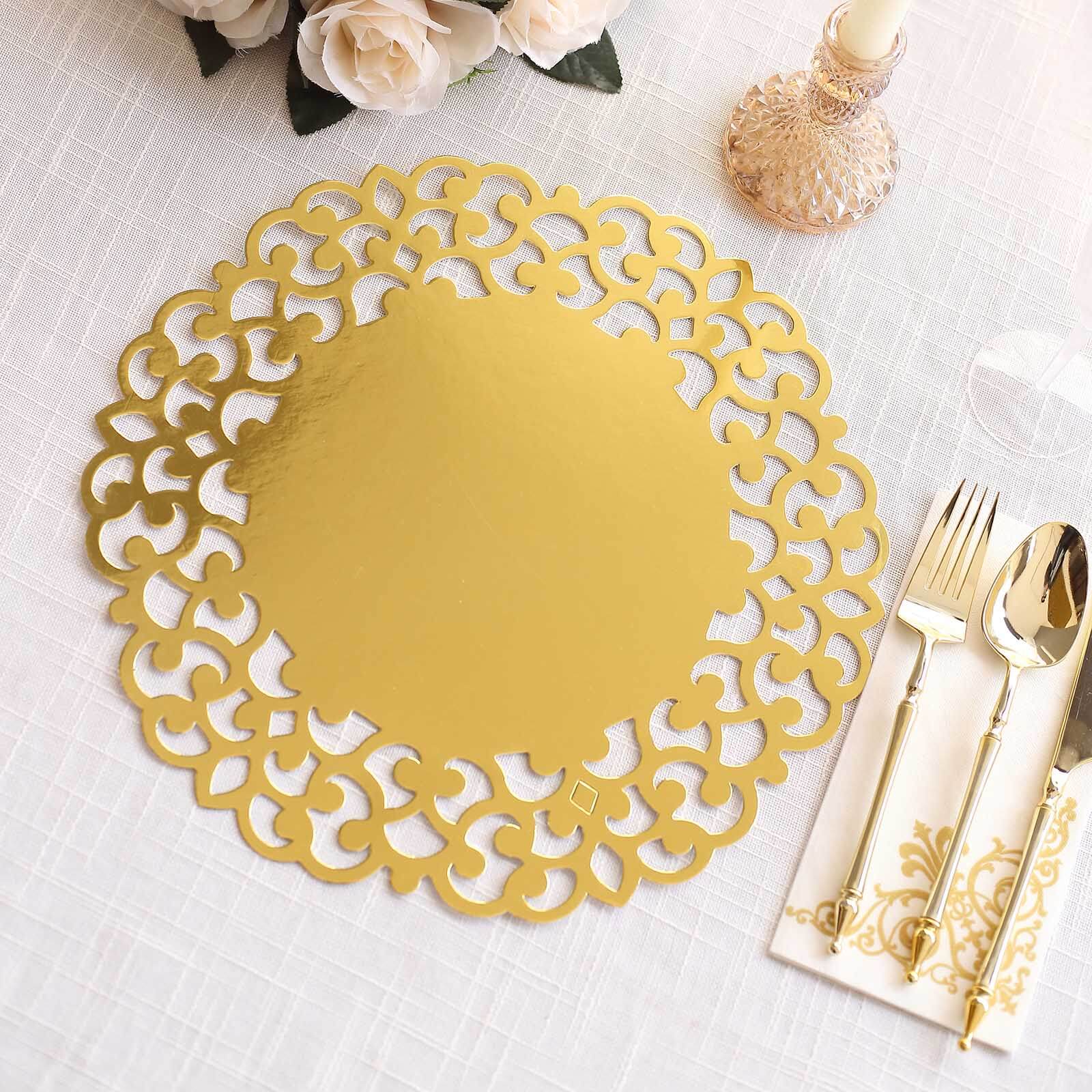 6-Pack Disposable Table Placemats in Metallic Gold with Laser Cut Floral Rim - 400GSM Cardboard Placemats for Glamorous Table Settings 13"