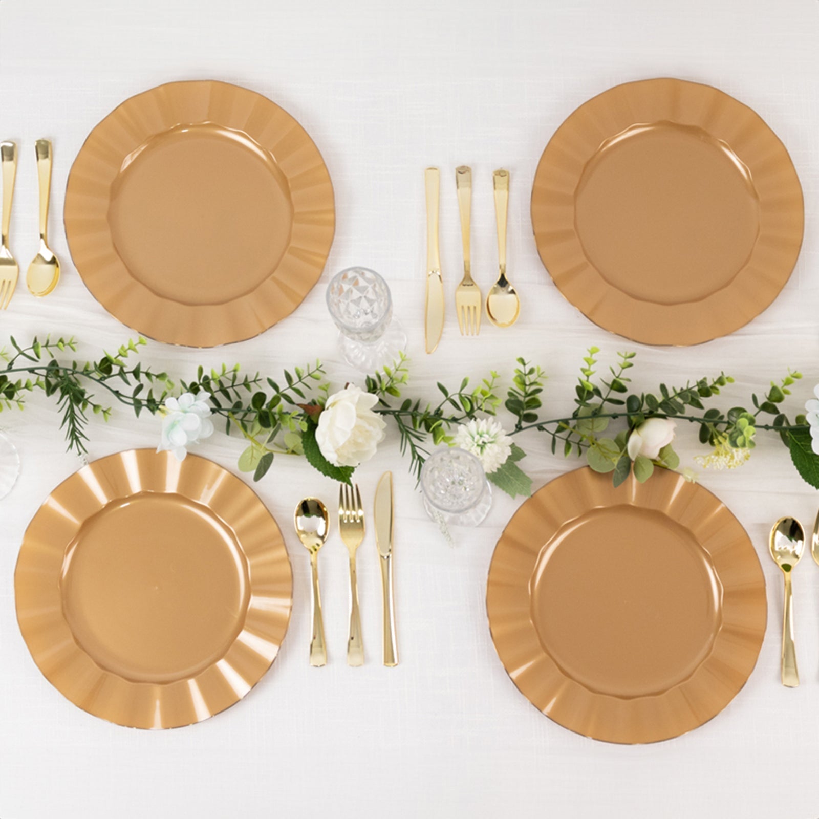 10-Pack Plastic 11" Round Dinner Plates in Gold with Ruffled Rim - Sturdy Disposable Dinnerware for Classy Events & Banquets