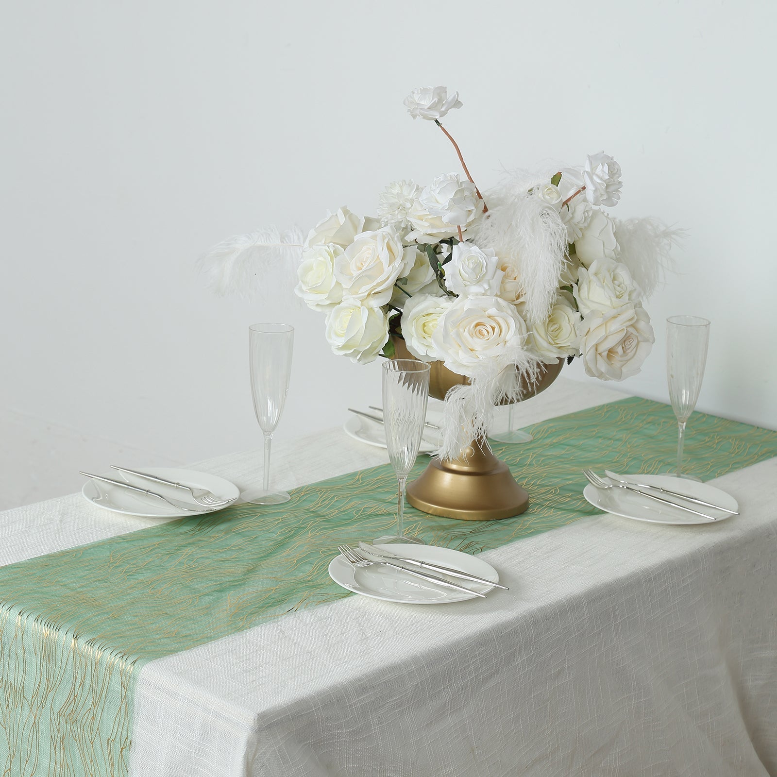 5 Pack Organza 12"x108" Table Runners Hunter Emerald Green - Gold Wave Design