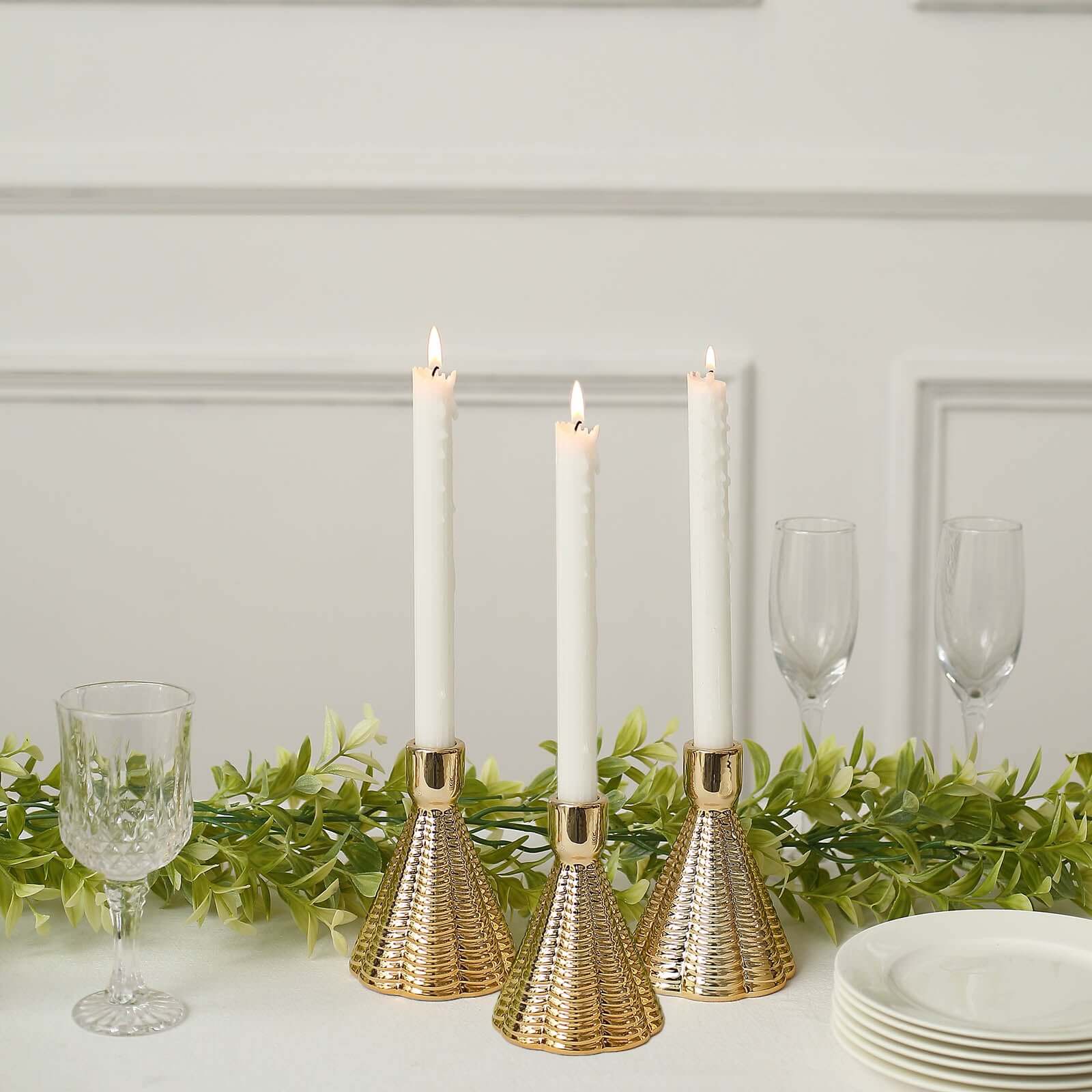 3-Pack Ceramic Taper Candle Holders Ribbed Cone Shaped Design Metallic Gold - Candlestick Stands for Decor 5"