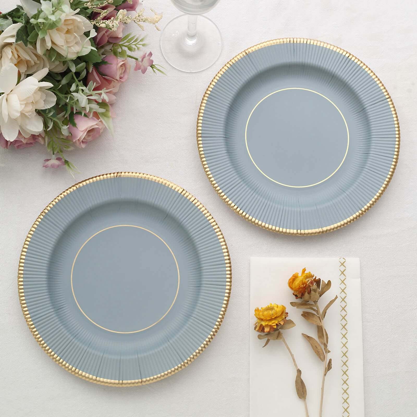 25-Pack Paper 8" Round Dessert Plates in Dusty Blue Sunray Design with Gold Rim - Disposable Heavy Duty 350GSM Appetizer Salad Plates