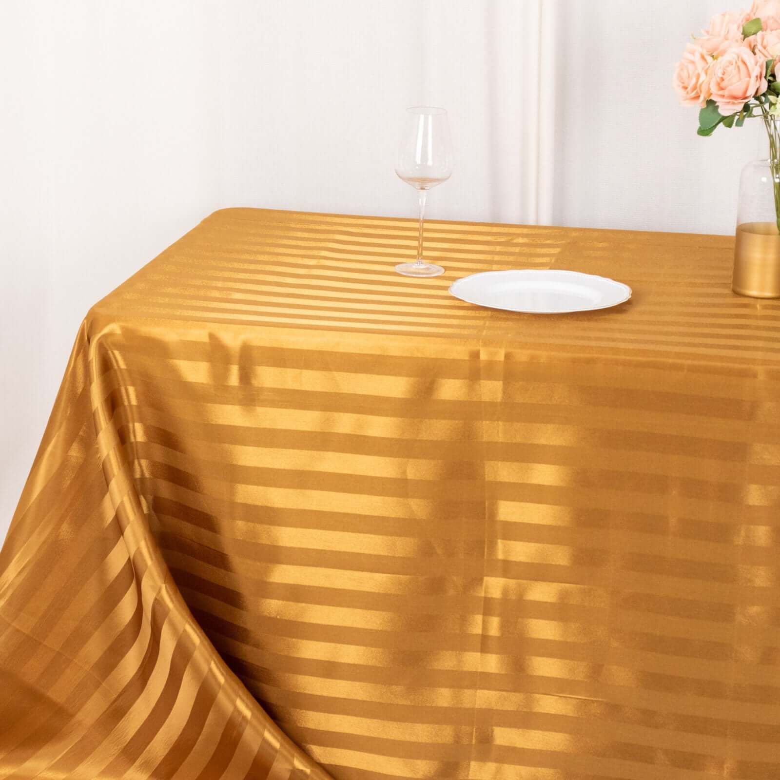 Satin Striped 90"x132" Rectangular Tablecloth Gold - Seamless Silky Smooth Table Cover