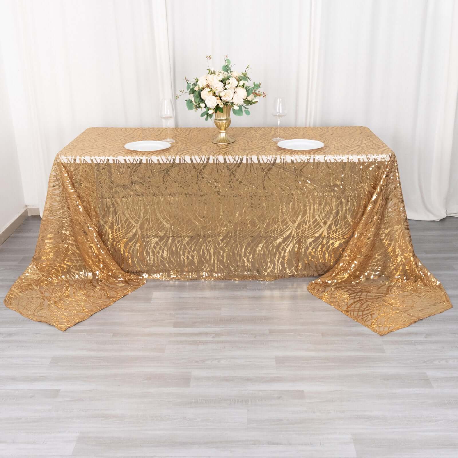 Mesh 90"x156" Rectangle Tablecloth Gold - Wave Sequin Embroidered Design for Refined Occasions
