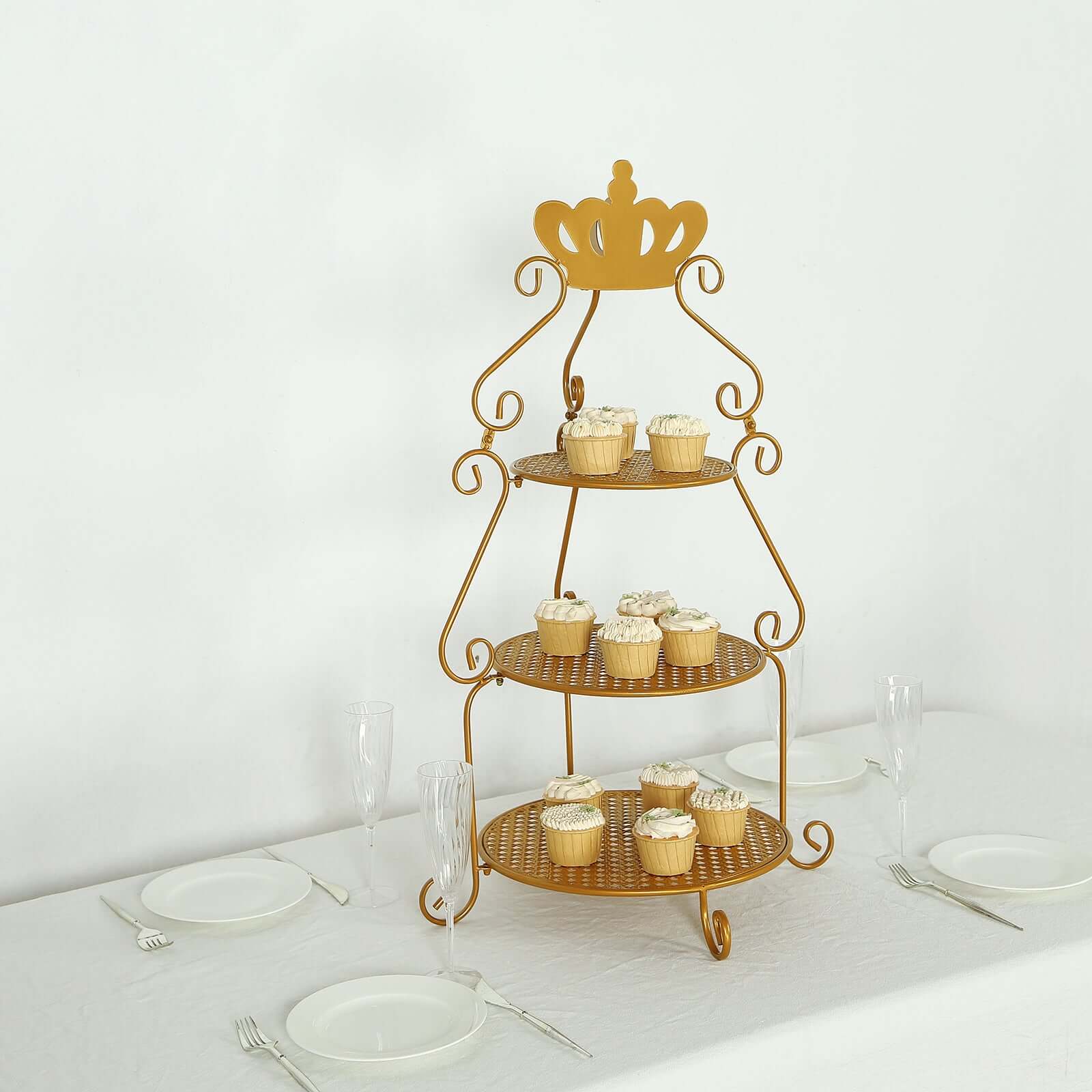 3 Tier Metal Round Cake Stand 32" Gold with Crown Top - Easy To Assemble Cupcake Holder Dessert Display Stand for Sophisticated Tea Parties Buffet Tables & Special Occasions