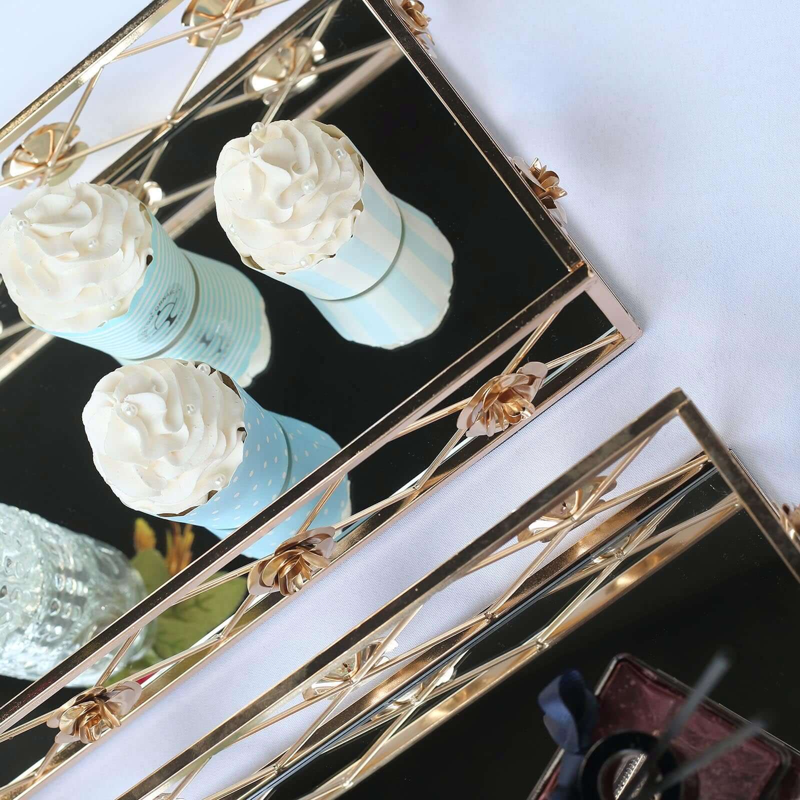 Set of 2 Metal Mirrored Rectangle Serving Trays in Gold with Rose Borders, Glamorous Decorative Vanity Tray Centerpiece 15"x8", 19"x12"