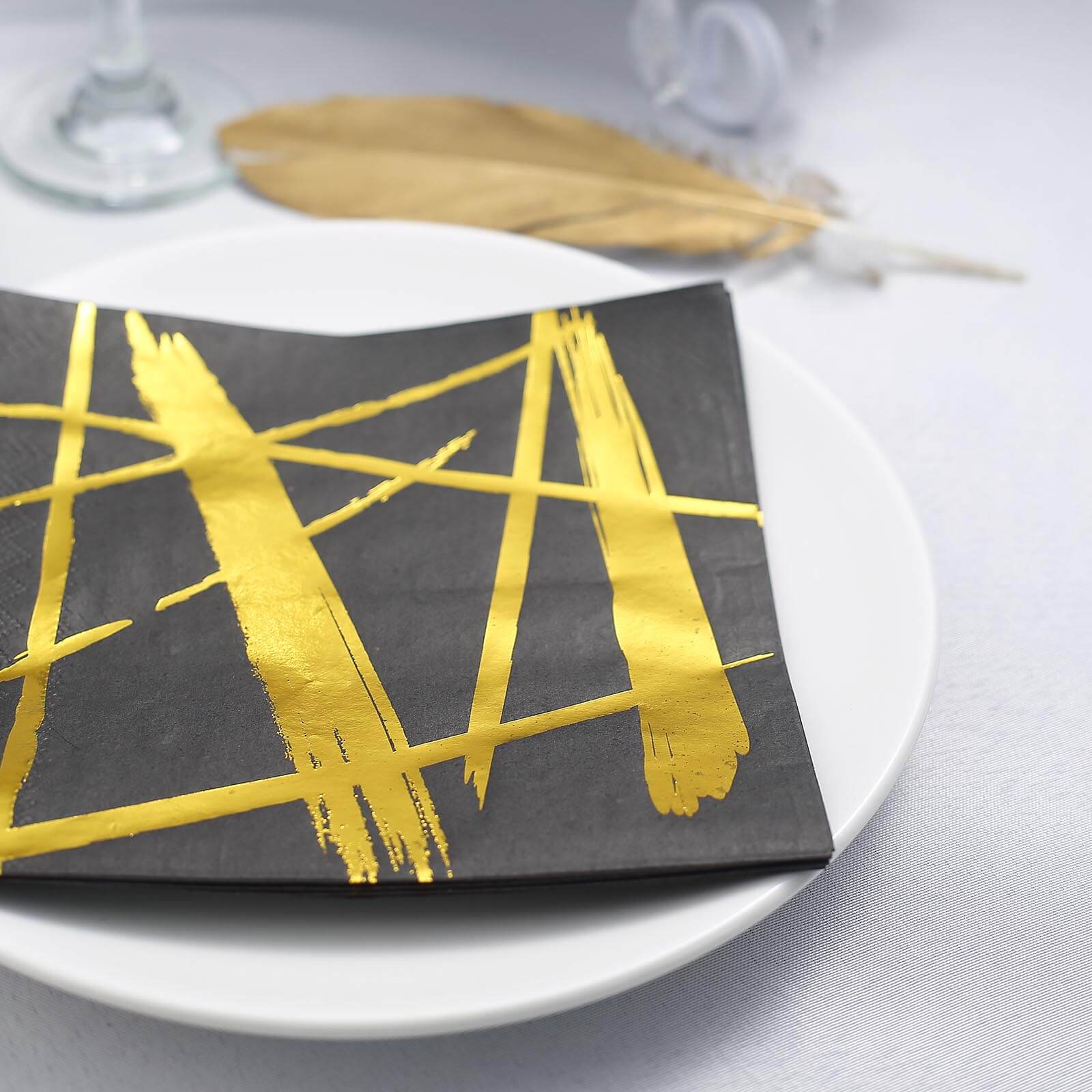 20-Pack Paper Dinner Napkins Black with Metallic Gold Streak Design - Stylish 3 Ply Disposable Cocktail Napkins for Weddings