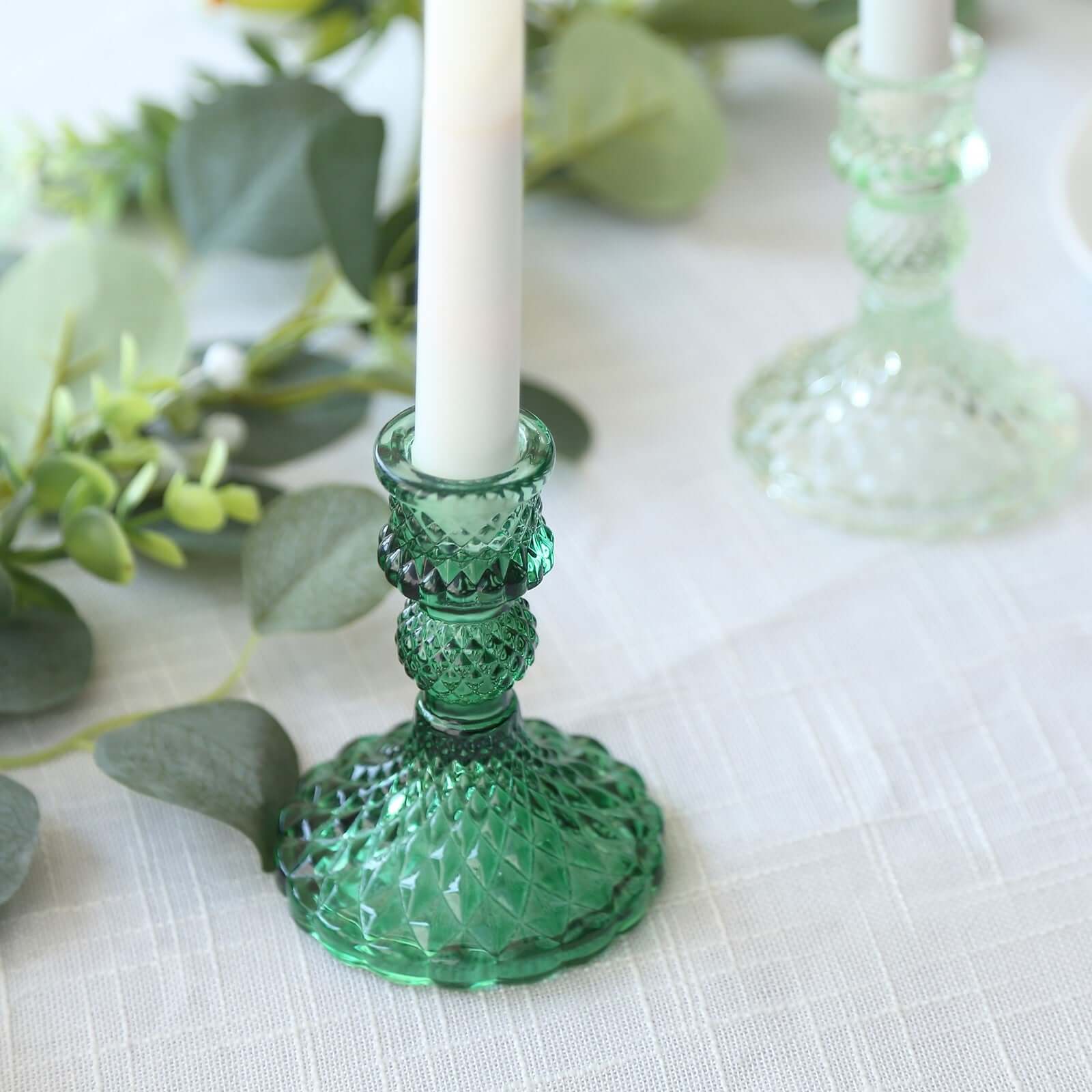 6-Pack Glass Taper Candlestick Holders Diamond Pattern Design Assorted Green - Reversible Crystal Pillar Votive Stands 4"