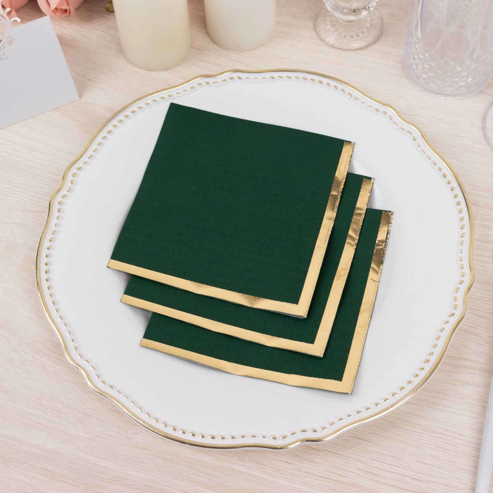 50-Pack Paper Beverage Napkins Hunter Emerald Green with Gold Foil Edge - 2 Ply Disposable Soft 18GSM Cocktail Napkins 5"x5"