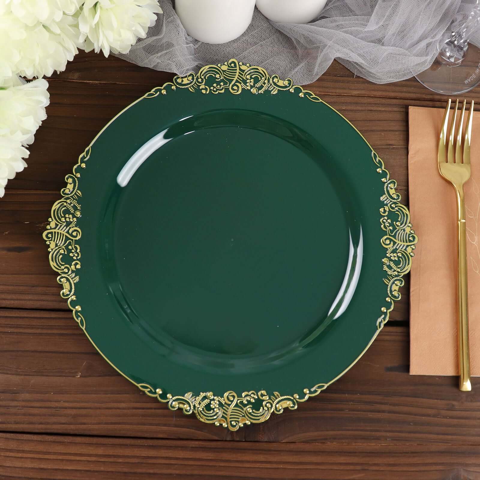 10-Pack Plastic 10" Round Dinner Plates in Hunter Emerald Green with Gold Leaf Embossed Rim - Disposable Vintage Baroque Style Plates