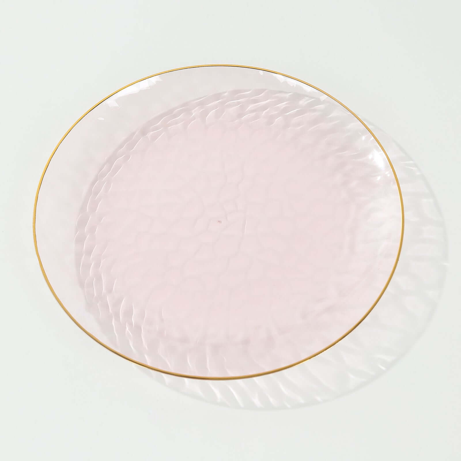10-Pack Plastic 9" Round Dinner Plates in Transparent Blush Hammered Design with Gold Rim - Modern Disposable Party Plates