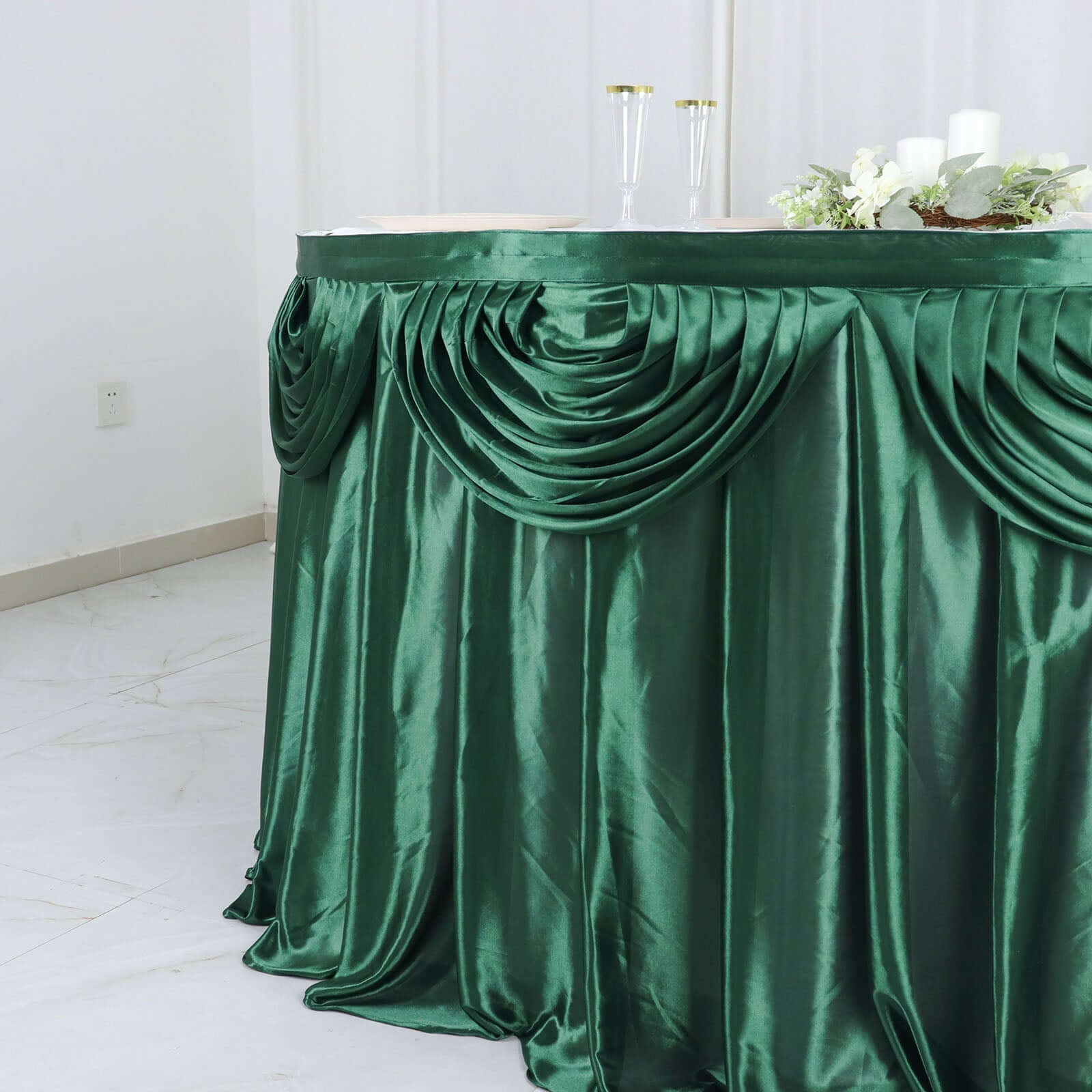 Satin 14ft Table Skirt Hunter Emerald Green - Pleated Double Drape Table Cover