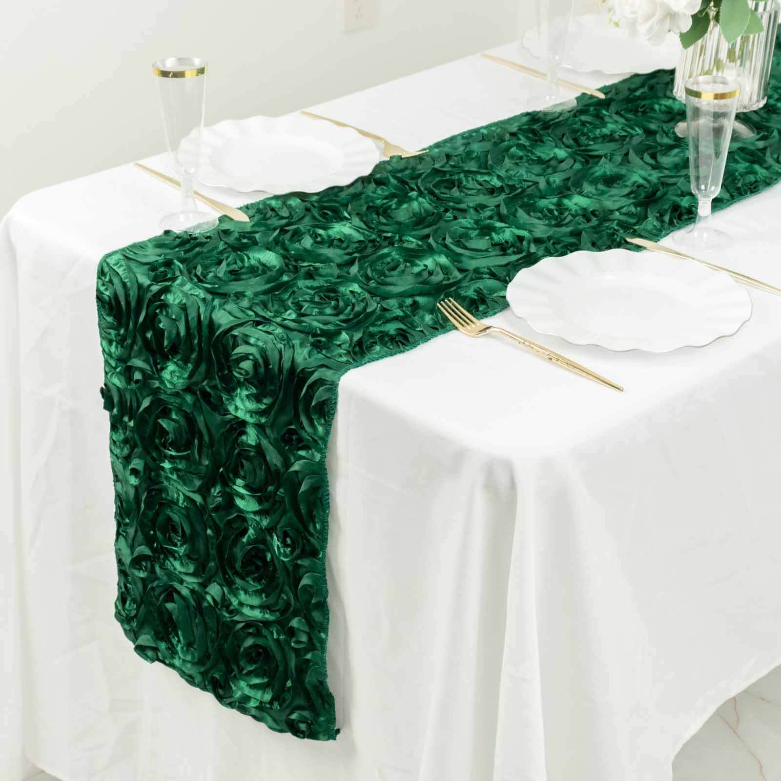 Rosette Satin 14"x108" Table Runner Hunter Emerald Green - Grandiose Design