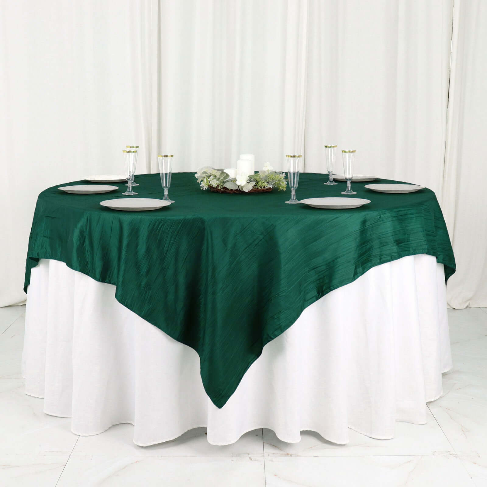 Taffeta 72"x72" Table Overlay Square Tablecloth Hunter Emerald Green - Accordion Crinkle Table Cover