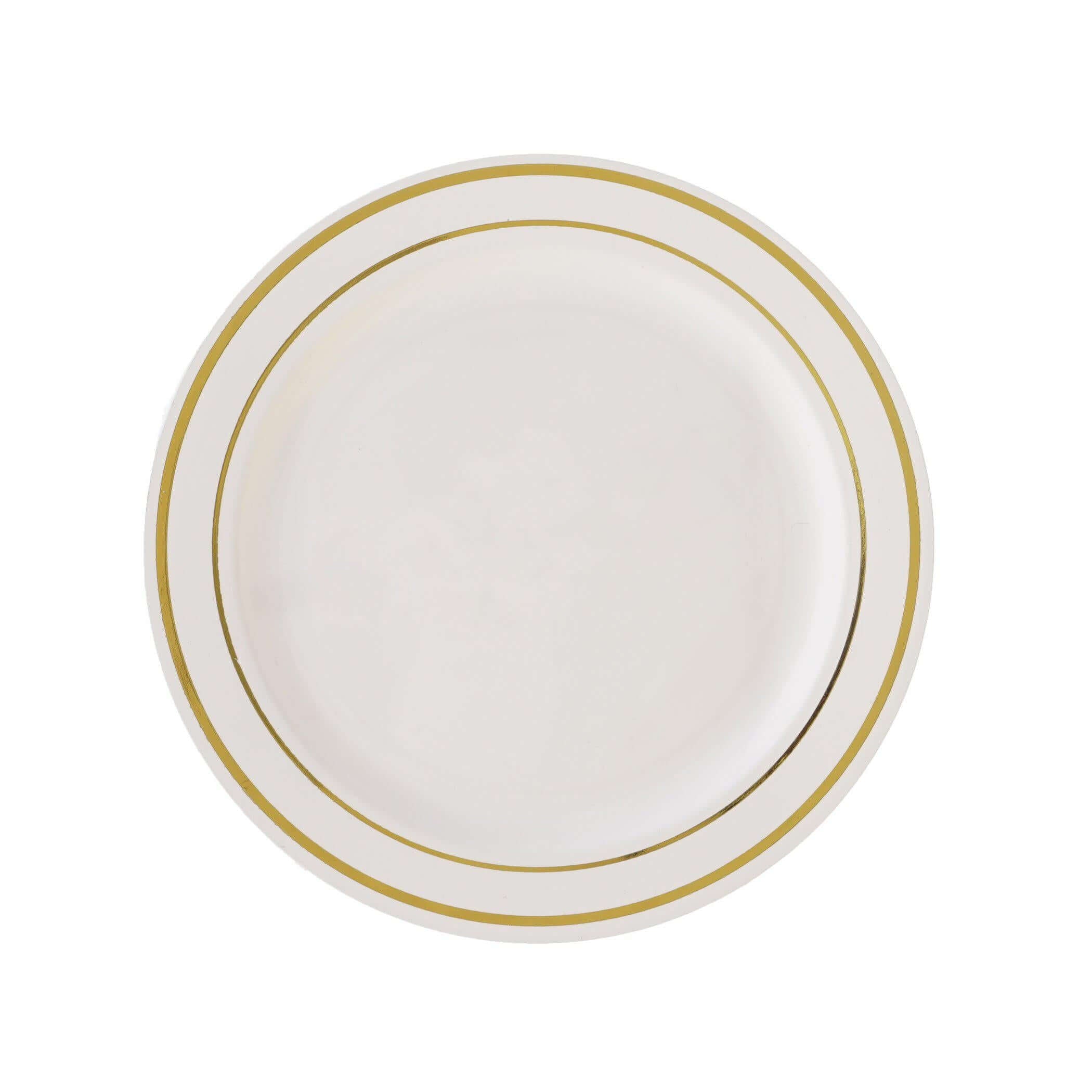 10-Pack Plastic Dessert Plates Ivory with Très Chic Gold Rim - Disposable Appetizer Plates for Parties 6"