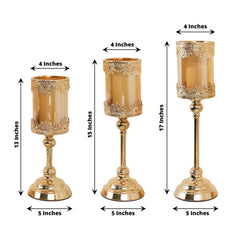 Set of 3 Lace Votive Candle Stands Antique Gold with Hurricane Glass Shades - Refined Pillar Candle Holders 13", 15", 17"