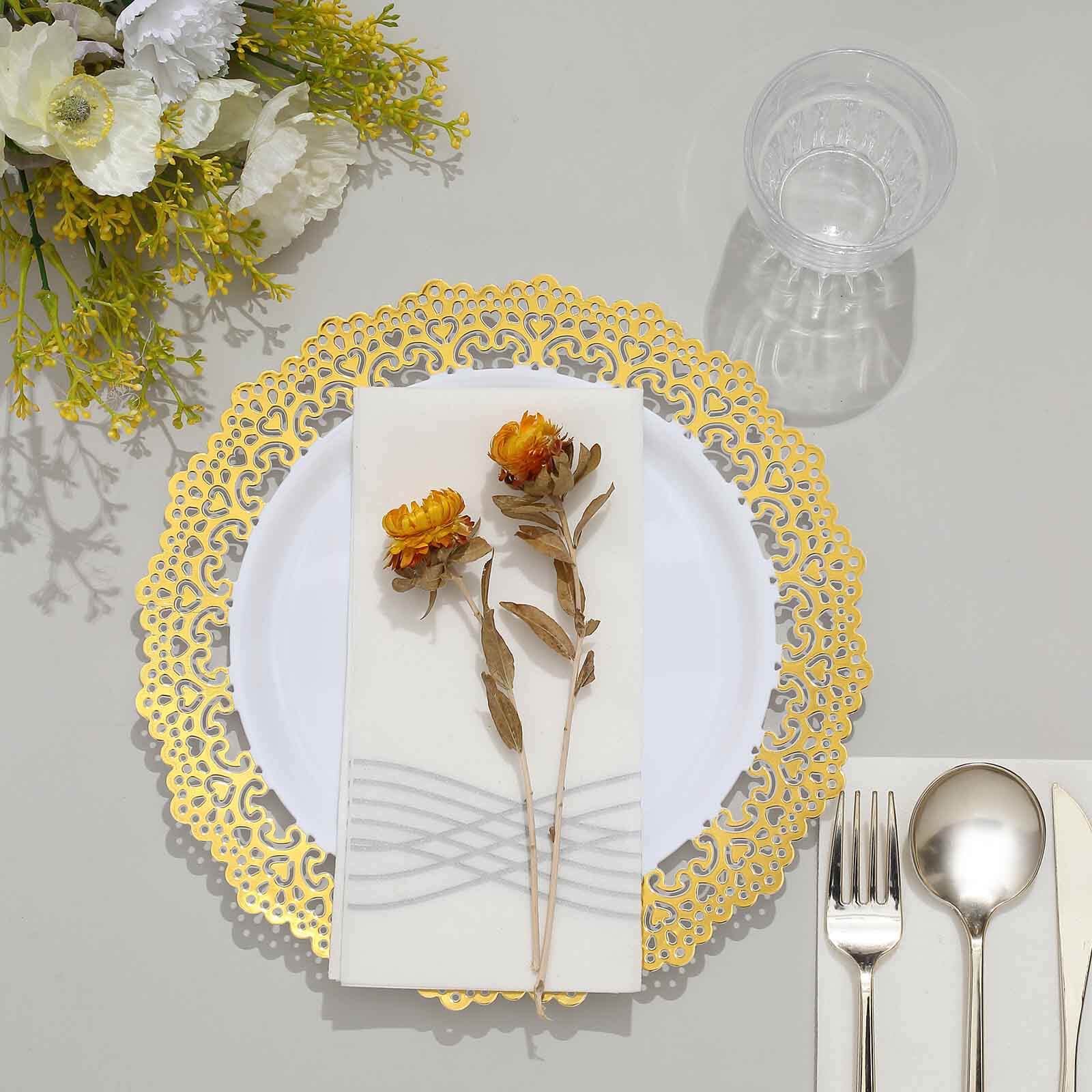 10-Pack Plastic 10" Round Dinner Plates in White with Gold Lace Rim - Disposable Party Plates for Classy Events & Banquets