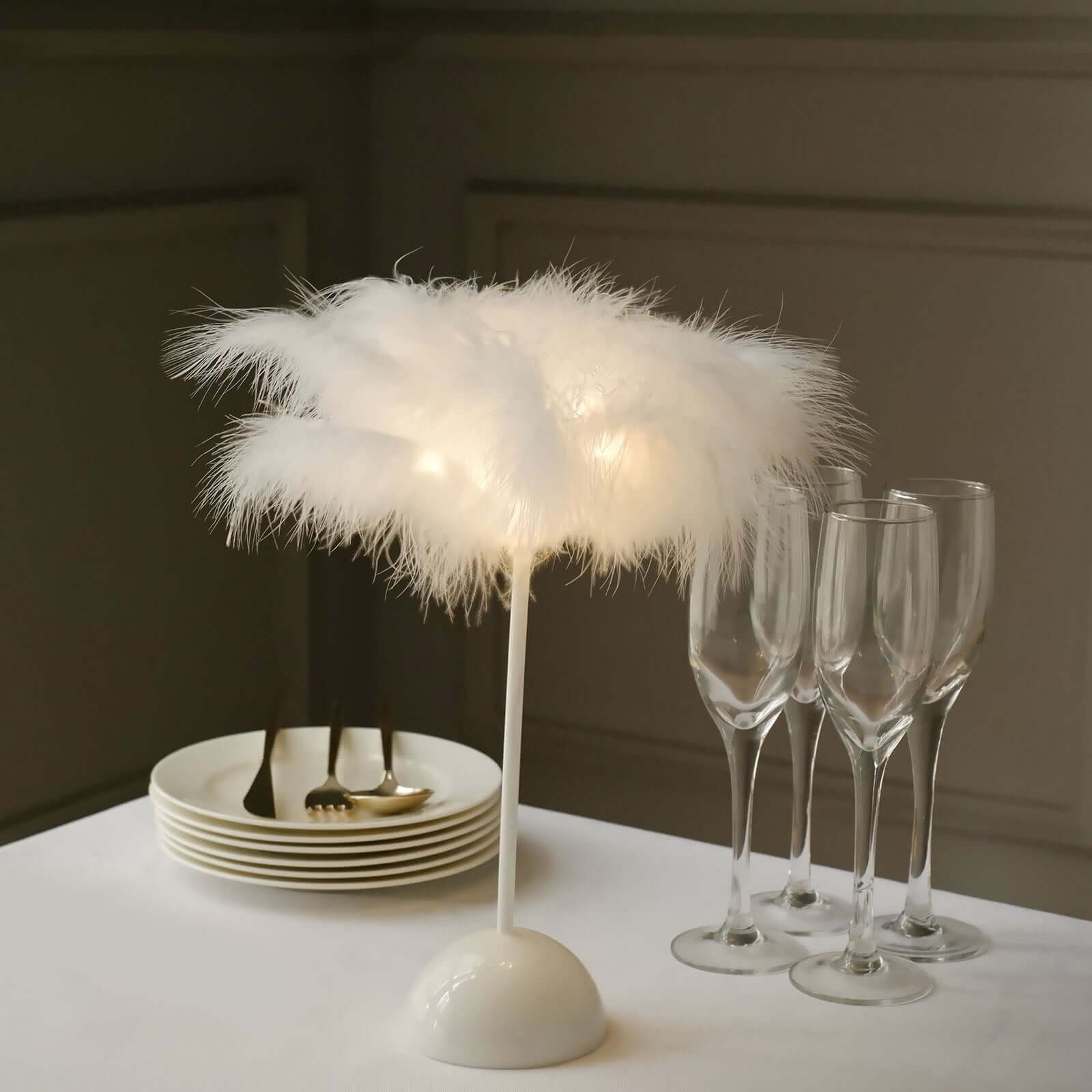 Table Lamp Feather Design White LED Battery Operated - Cordless Wedding Centerpiece 15"