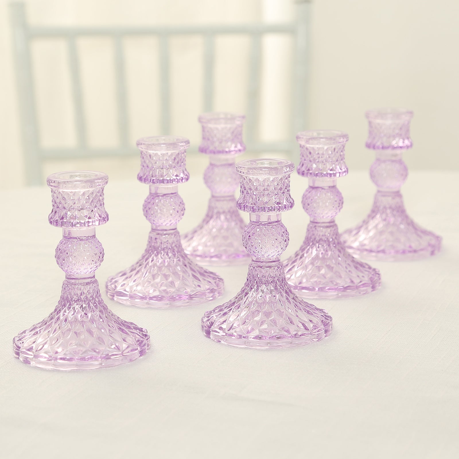 6-Pack Glass Taper Candlestick Holders Diamond Pattern Design Lavender Lilac - Reversible Crystal Pillar Votive Stands 4"