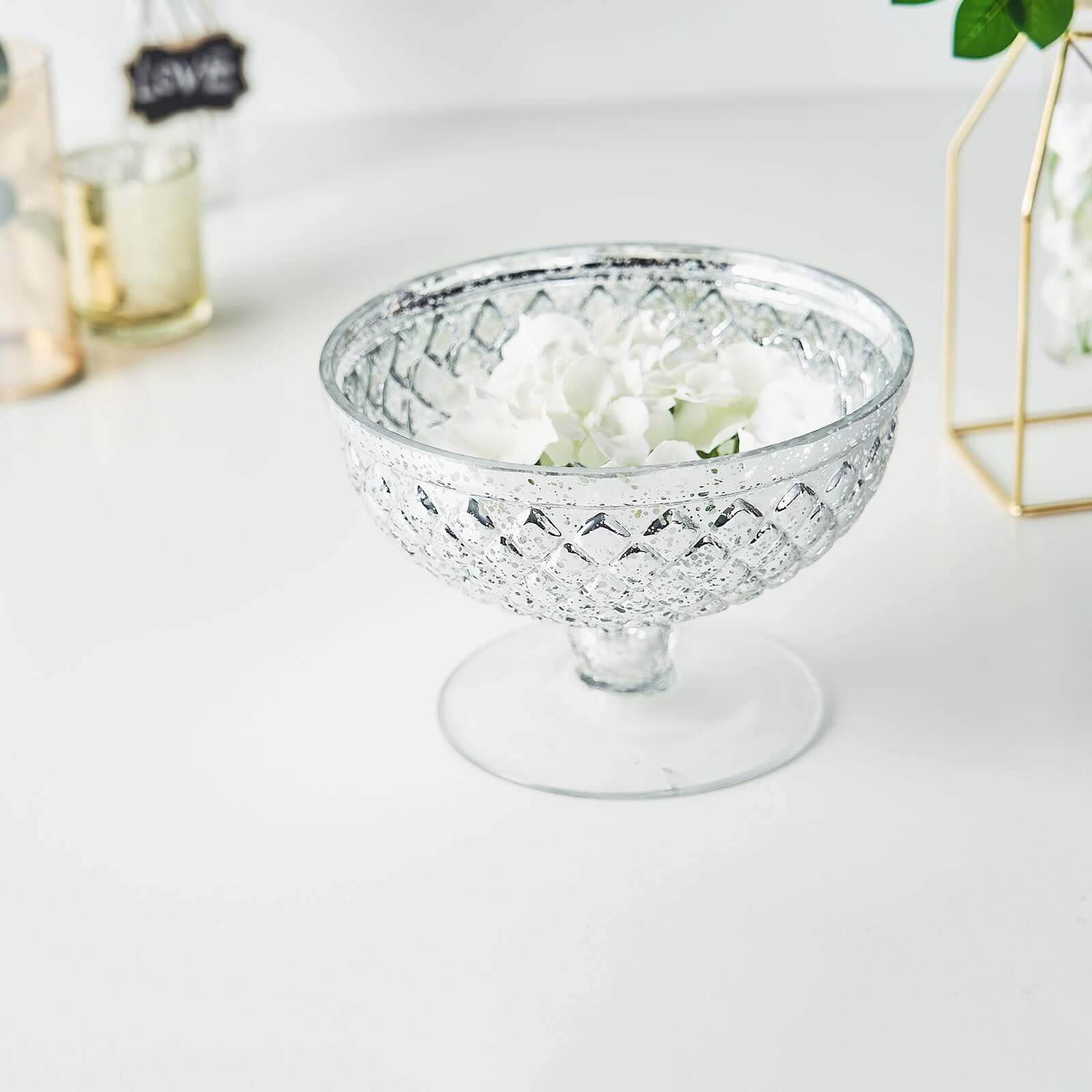 Mercury Glass Pedestal Bowl Vase Compote Style Silver - Sophisticated Floral Table Decor for Events 8"