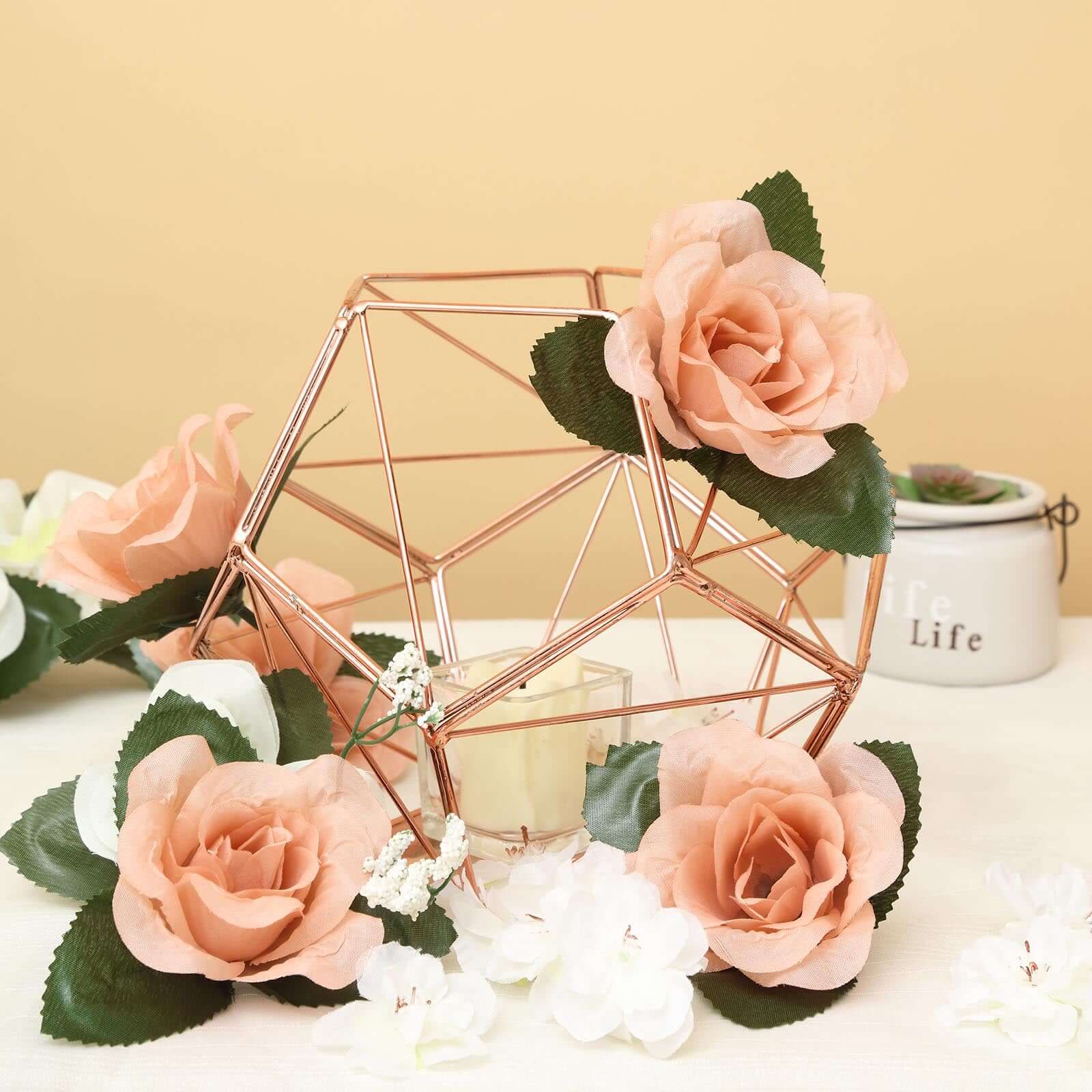Tealight Candle Holder Rose Gold Metal Pentagon Prism Geometric Open Frame - Flower Stand 7"
