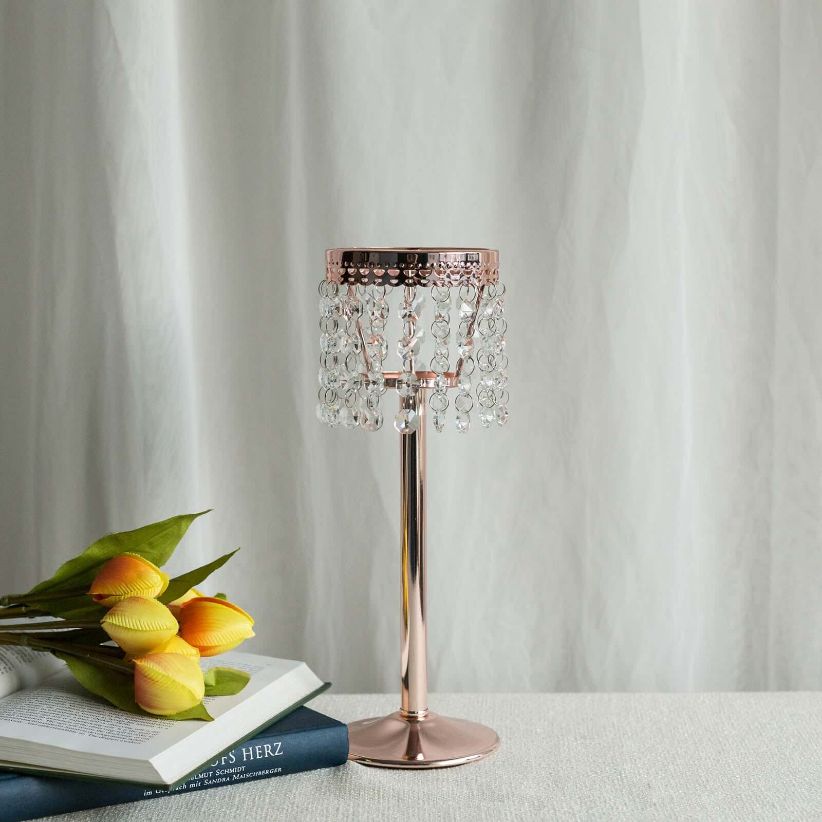 Crystal Beaded Chandelier Metal Candle Holder Rose Gold - Sophisticated Pillar Tealight Stand 12"