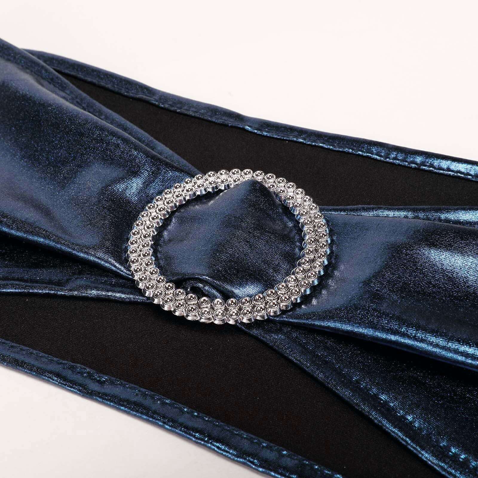 5 Pack Metallic Spandex Chair Sashes Navy Blue - Stretch Fit Chair Bands With Round Diamond Buckles