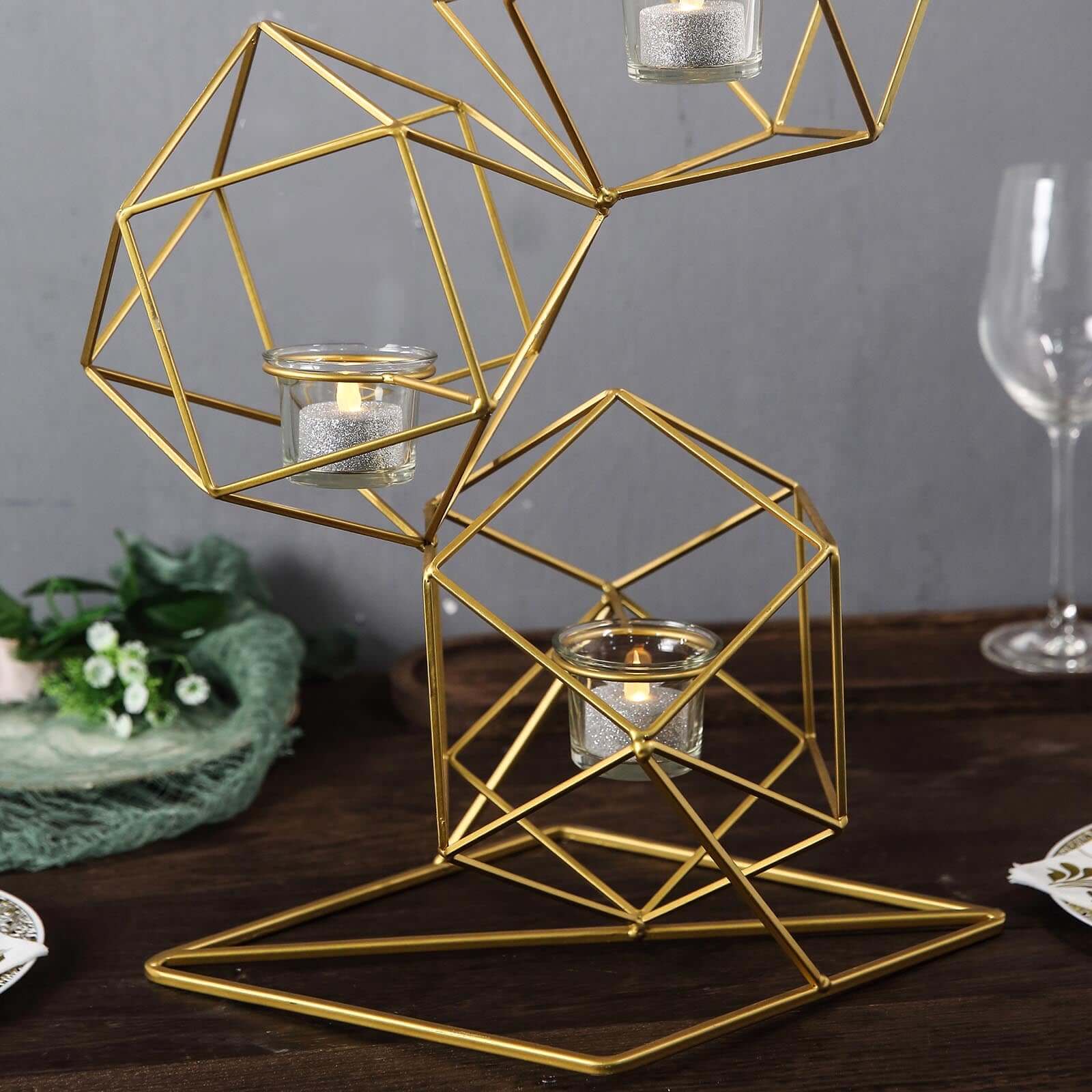 Tealight Candle Holder Metal Linked Geometric Design Gold with Votive Glass Holders - Sophisticated Decor for Tables & Gatherings 25"