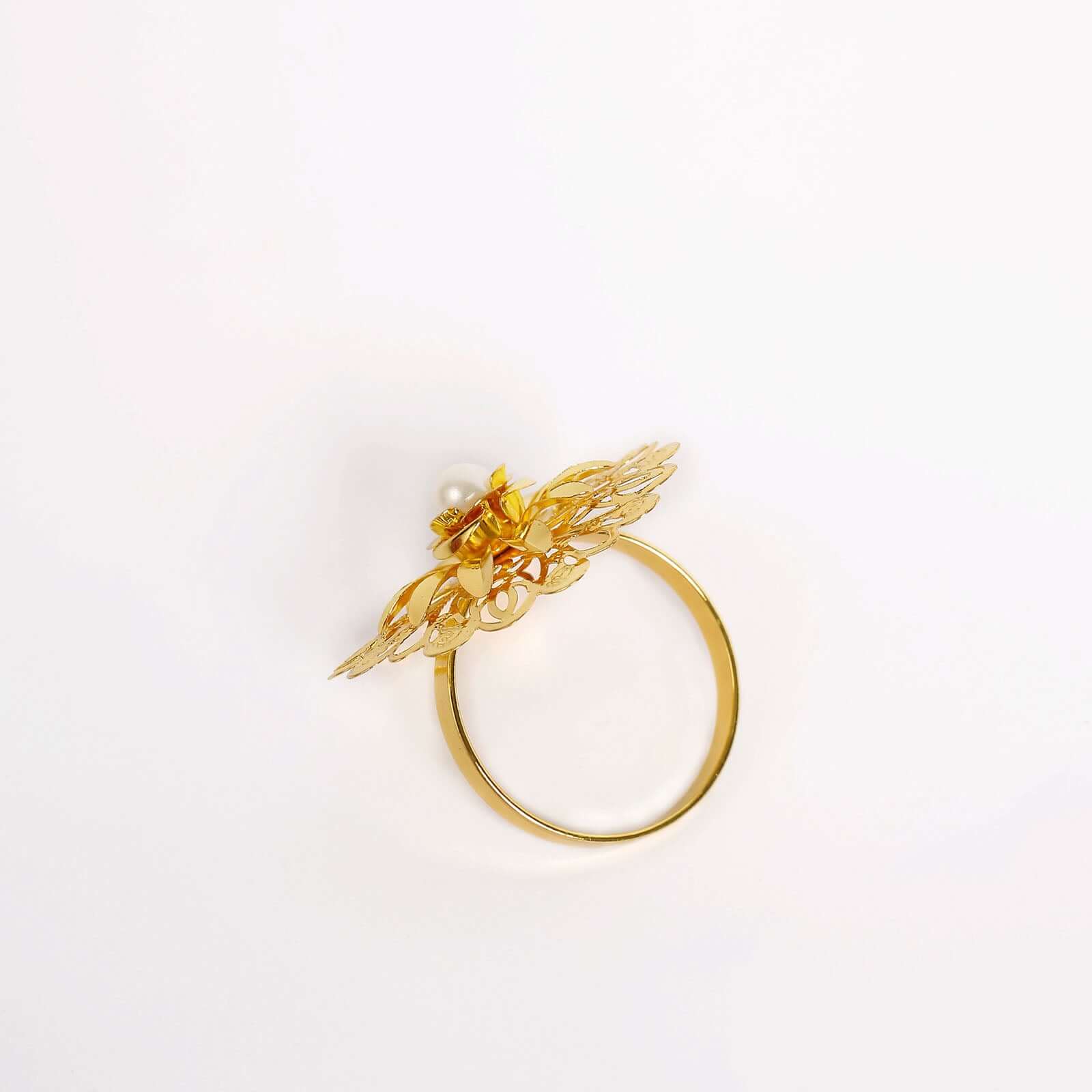 4 Pack 2" Elegant Gold Metal Pearl Floral Serviette Napkin Rings, Daffodil Flower Buckle Napkin Holders