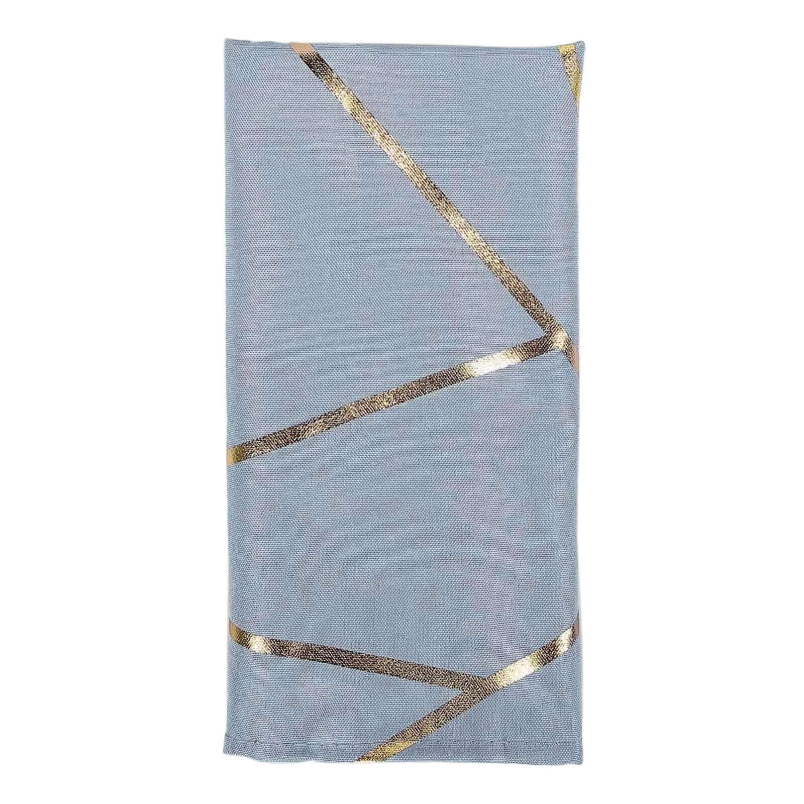 5 Pack Polyester 20"x20" Napkins Dusty Blue with Gold Geometric Foil Pattern - Modern Reusable Dinner Napkins