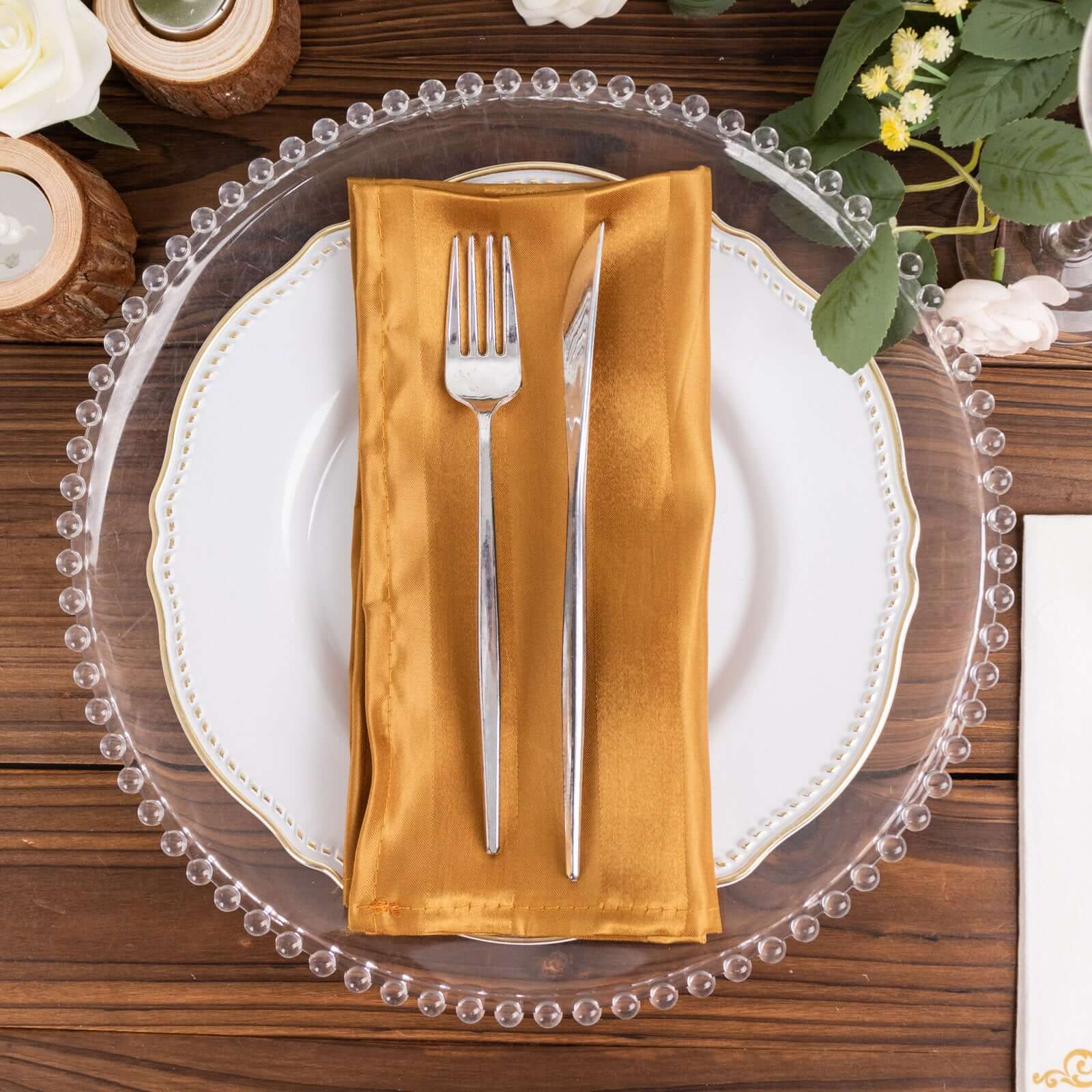 5 Pack Satin 20"x20" Napkins Gold Glossy Stripes - Durable & Wrinkle-Free Cloth Napkins