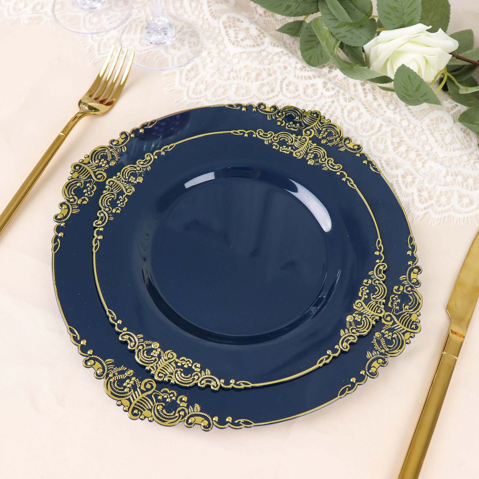 10-Pack Plastic 8" Round Dessert Plates in Navy Blue with Gold Leaf Embossed Rim - Disposable Vintage Baroque Style Salad Plates