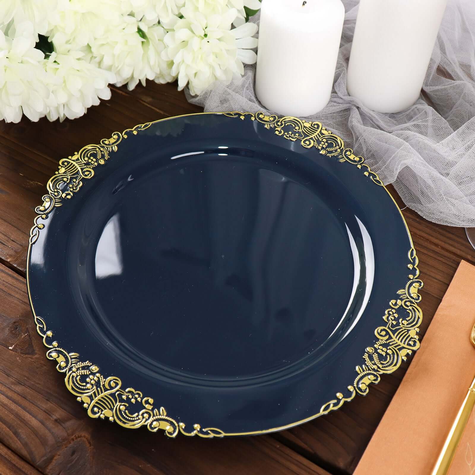 10-Pack Plastic 10" Round Dinner Plates in Navy Blue with Gold Leaf Embossed Rim - Disposable Vintage Baroque Style Plates
