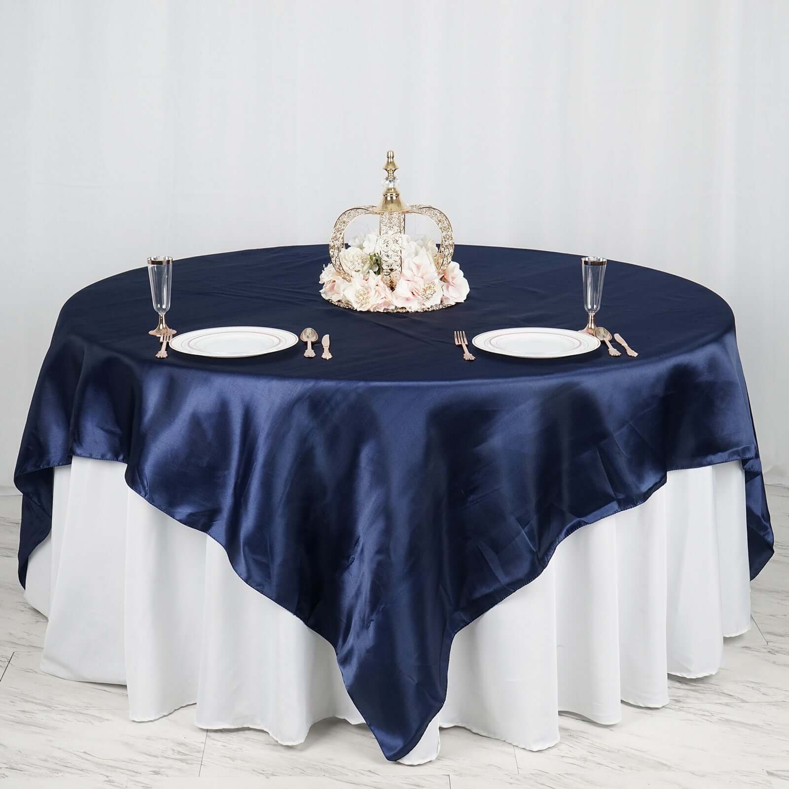 Satin 90"x90" Table Overlay Square Tablecloth Navy Blue - Smooth Finish Table Topper