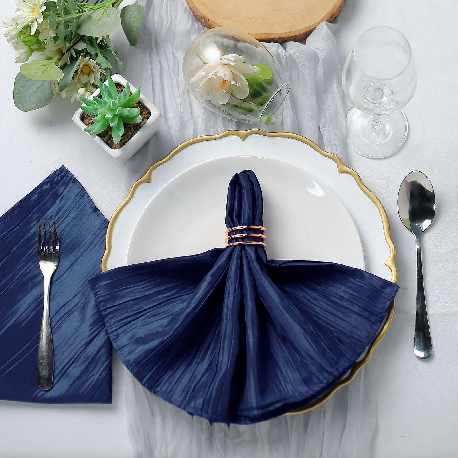5 Pack Taffeta 20"x20" Napkins Navy Blue - Accordion Crinkle Dinner Napkins