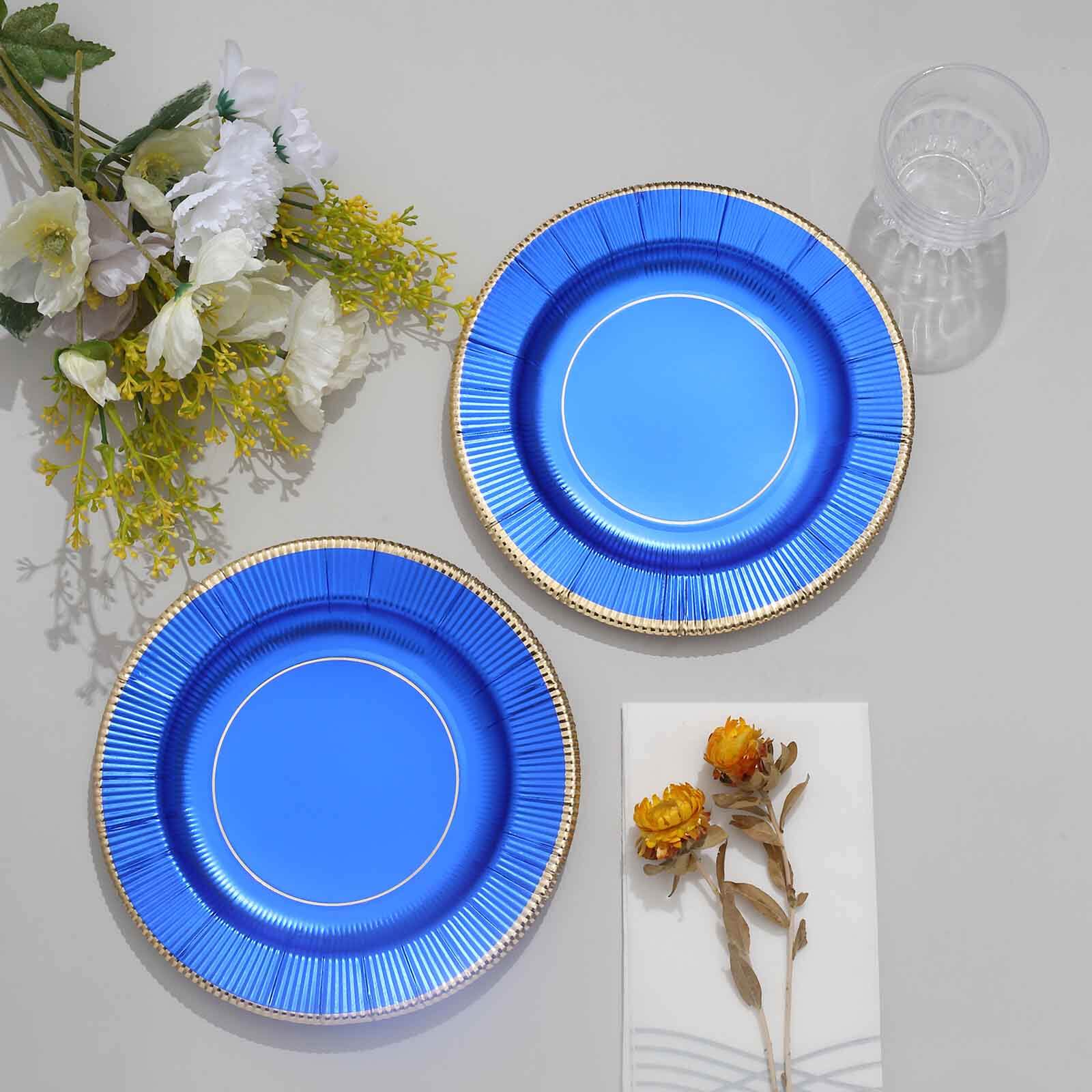 25-Pack Paper 8" Round Dessert Plates in Royal Blue Sunray Design with Gold Rim - Disposable Heavy Duty 350GSM Appetizer Salad Plates