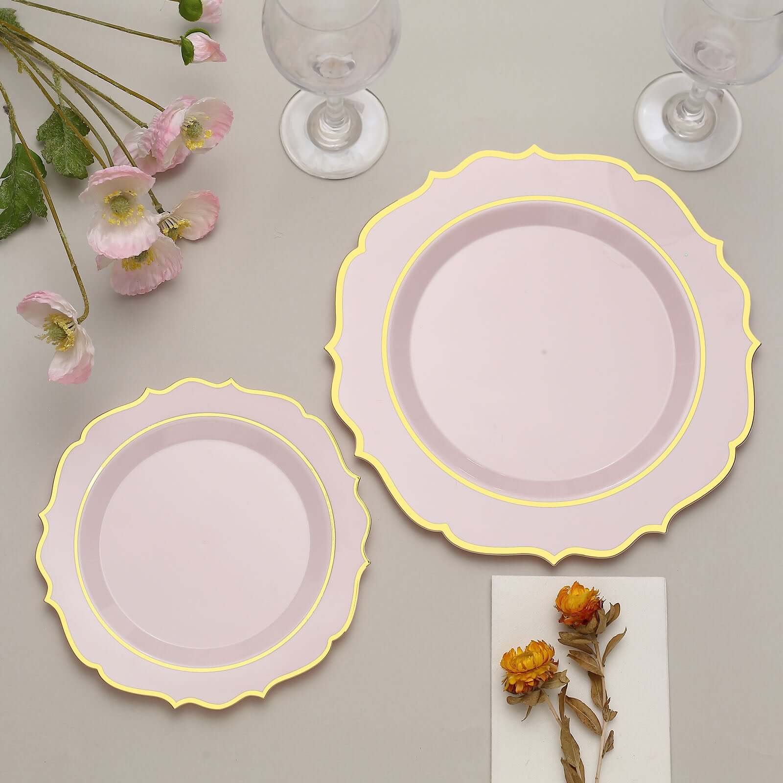 10-Pack Plastic 10" Round Dinner Plates in Blush with Gold Scalloped Rim - Disposable Party Plates