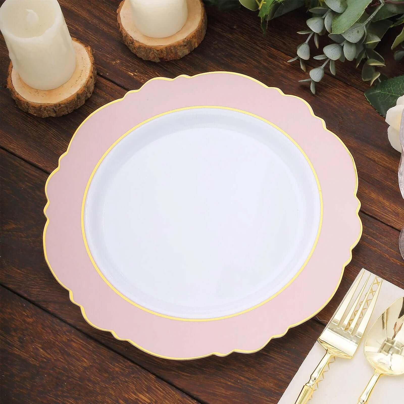 10-Pack Plastic 10" Round Dinner Plates in White with Blush Blossom Design & Gold Edging - Disposable Party Plates