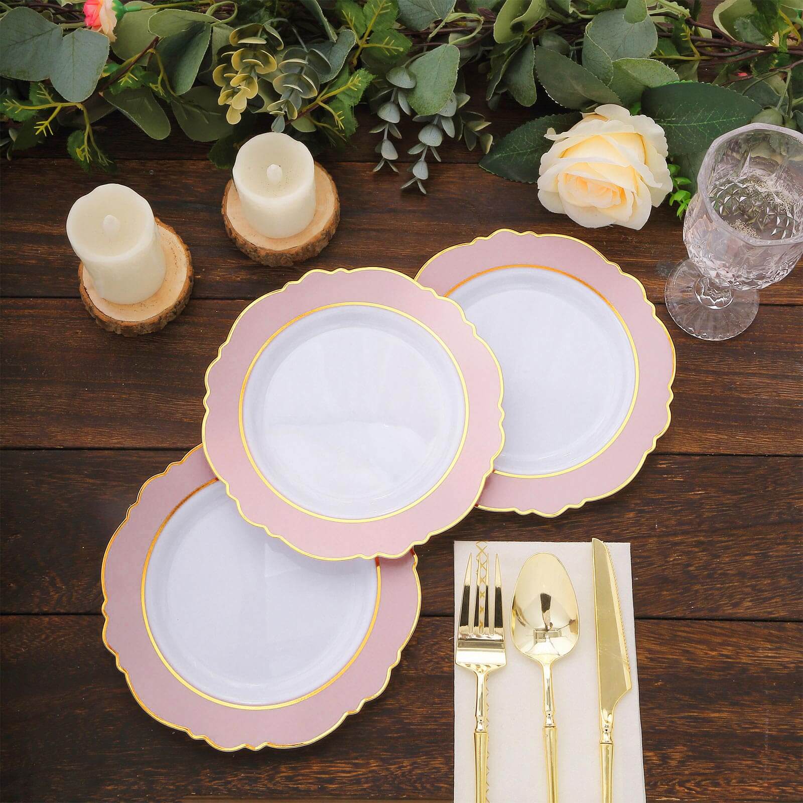 10-Pack Plastic 8" Round Dessert Plates in White with Blush Blossom Design & Gold Edging - Disposable Salad Appetizer Plates