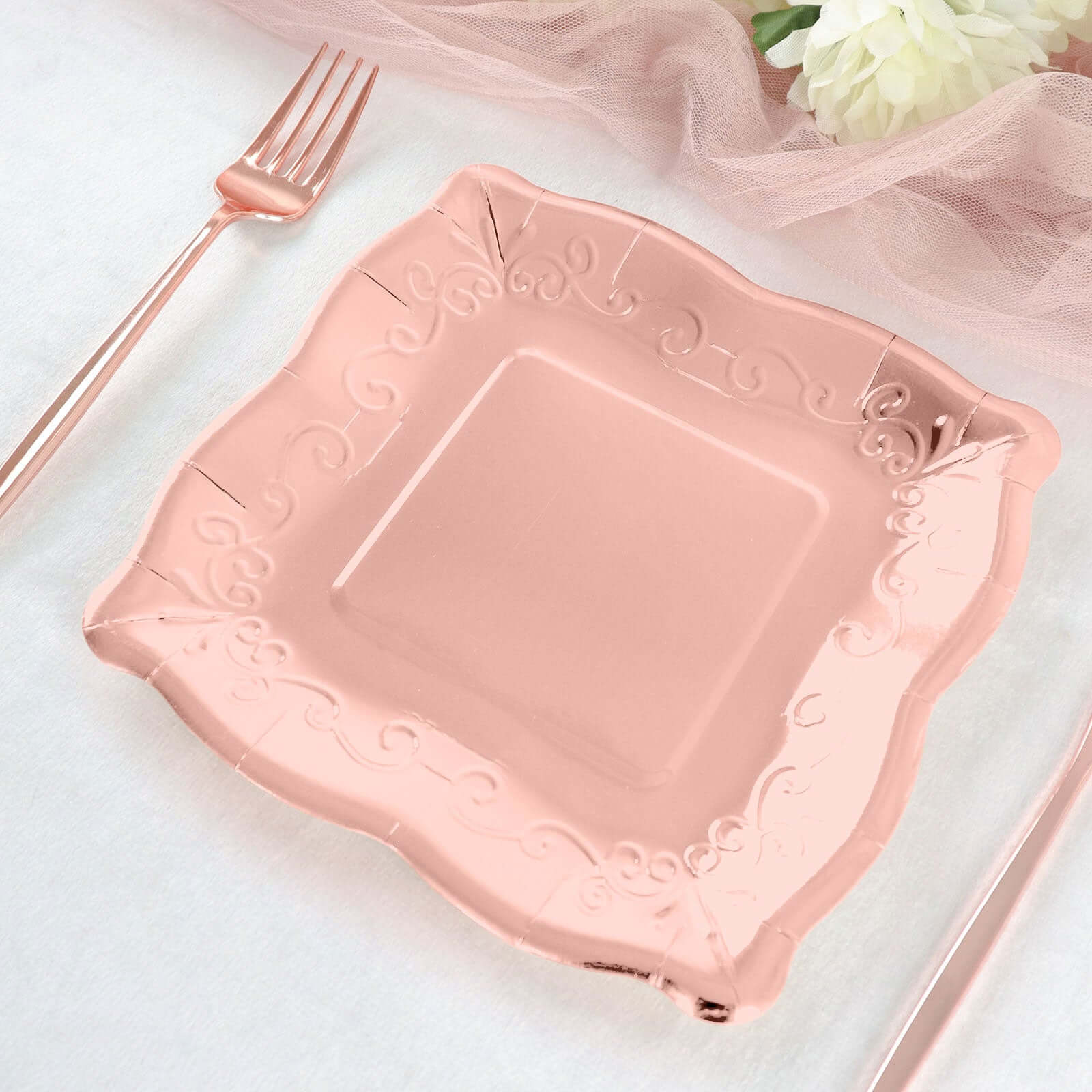25-Pack Paper 7" Square Dessert Plates in Rose Gold with Vintage Pottery Embossed Design - Shiny Metallic Disposable Appetizer Plates
