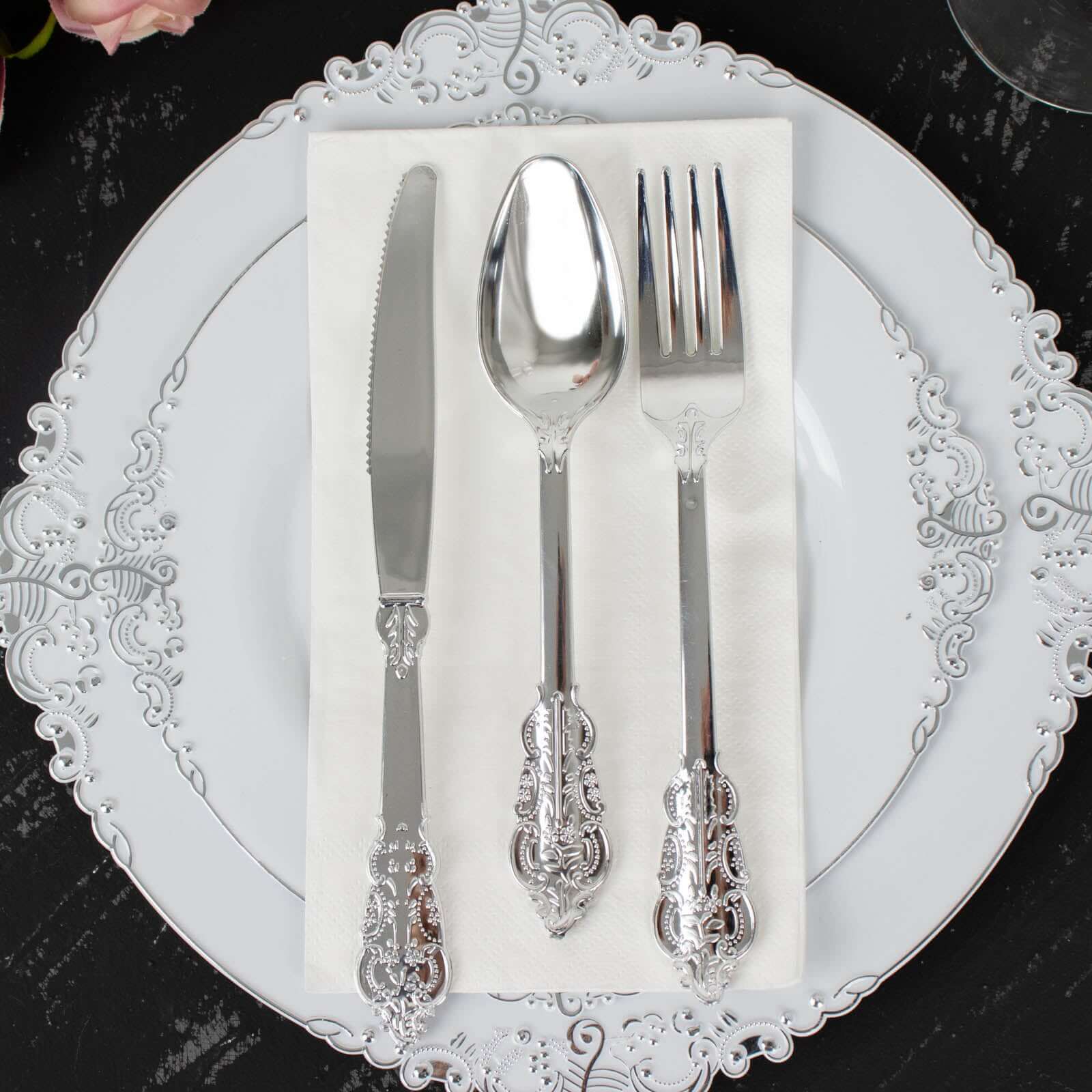 24 Pcs Plastic Silverware Set in Baroque Style Metallic Silver - Heavy Duty Disposable Knife, Fork, and Spoon Set
