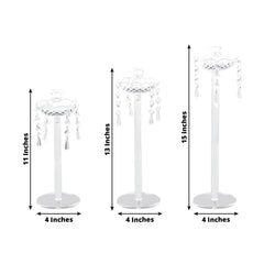 Set of 3 Acrylic Taper Candle Holders with Hanging Bead & Prism Accents – Elegant Candlestick Stands - 11",13",15"