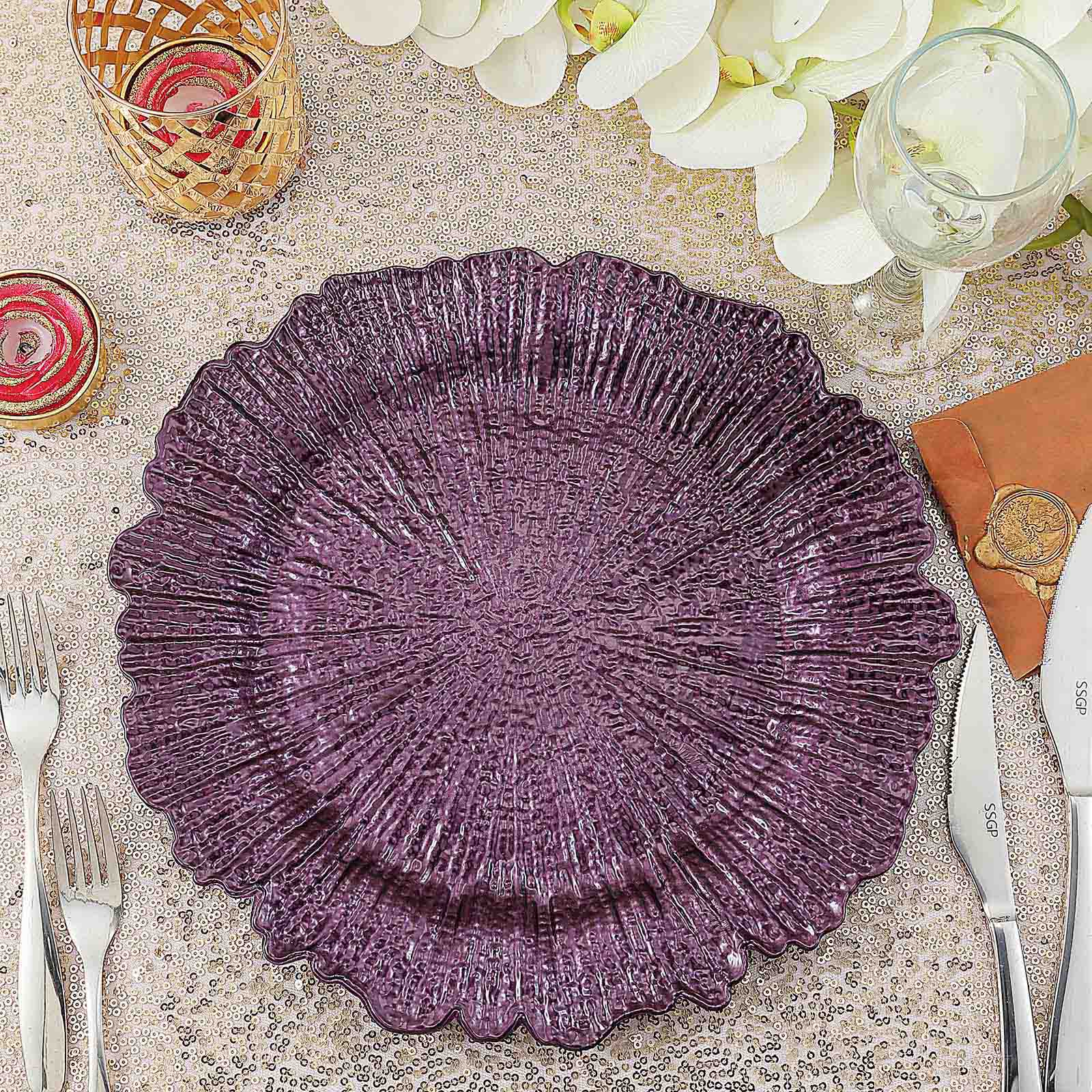 6-Pack Acrylic Plastic Round Charger Plates 13" in Purple with Reef Design, Dinner Charger Tableware