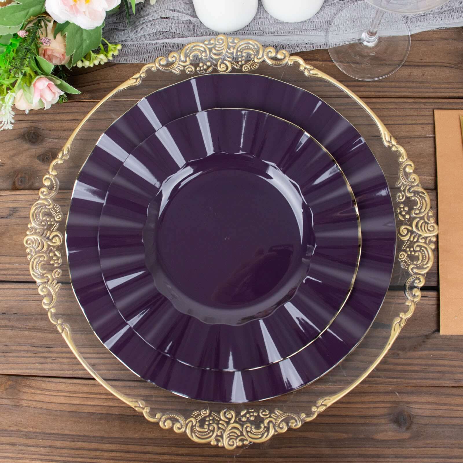 10-Pack Plastic 9" Round Dinner Plates in Purple Ruffled Rim with Gold Edging - Sturdy Disposable Dinnerware