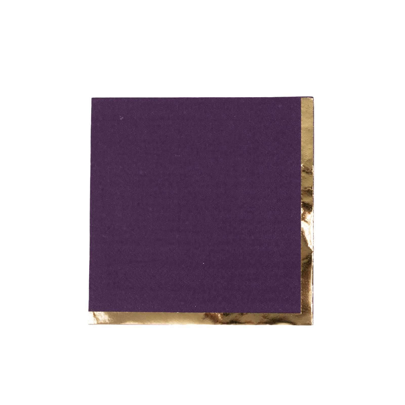 50-Pack Paper Beverage Napkins Purple with Gold Foil Edge - 2 Ply Disposable Soft 18GSM Cocktail Napkins 5"x5"