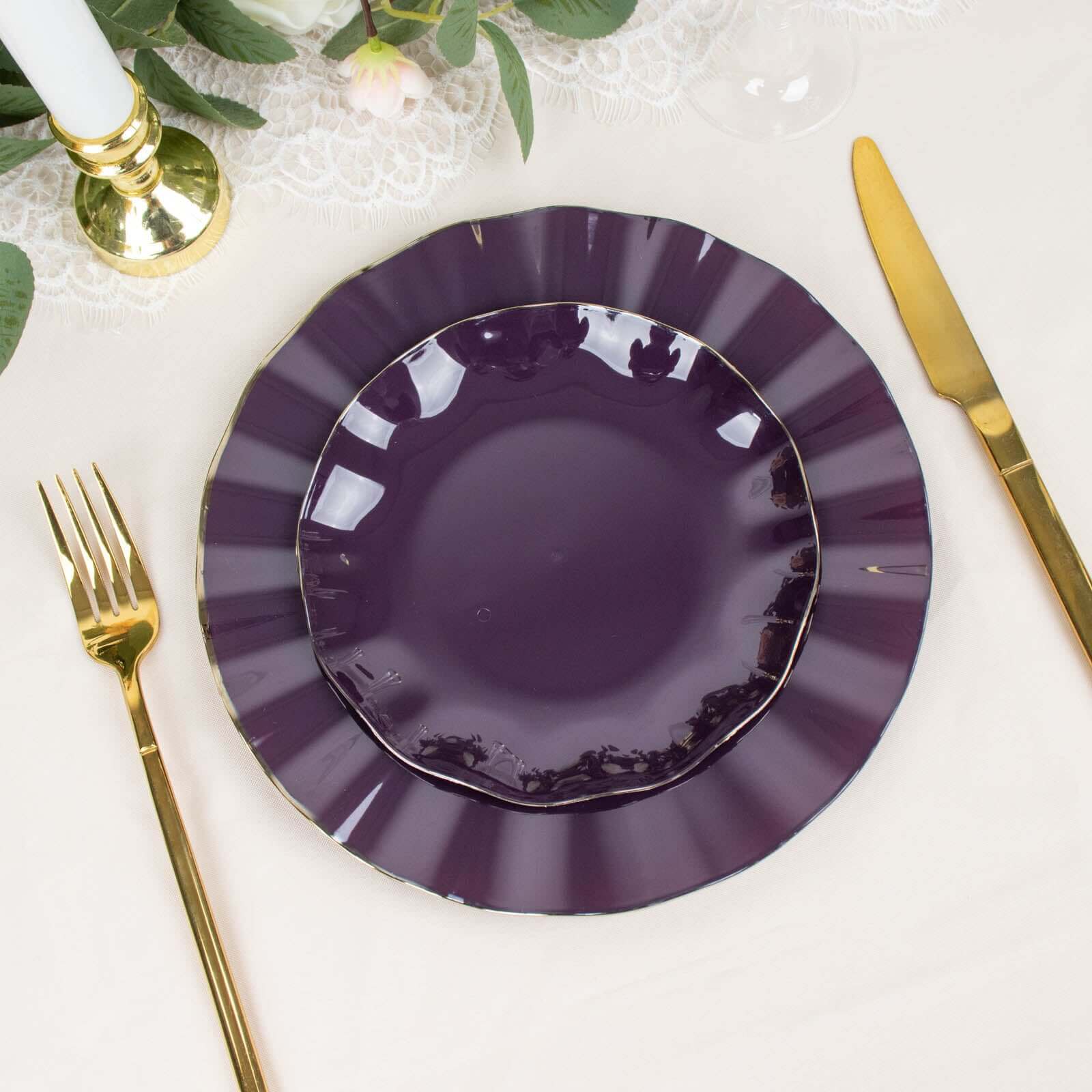 10-Pack Plastic Round 6" Dessert Plates in Purple Ruffled Rim with Gold Edging - Sturdy Disposable Salad Appetizer Dinnerware