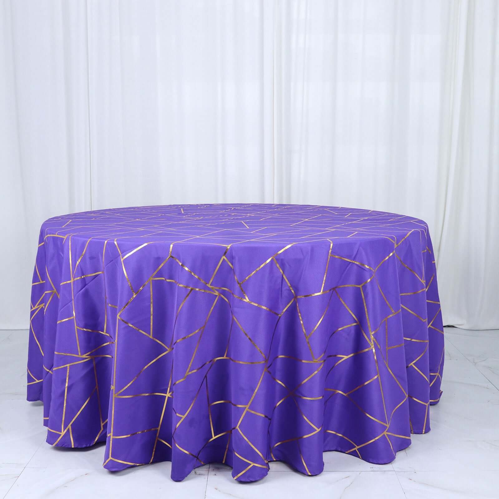 Polyester 120" Round Tablecloth Purple with Gold Foil Geometric Pattern Wrinkle-Resistant Seamless Table Cover