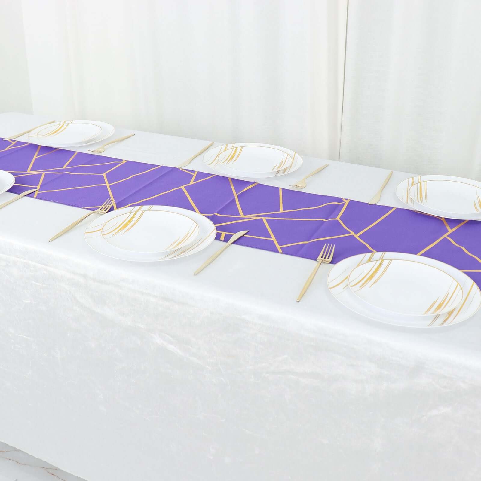 Polyester 9ft Table Runner Purple with Gold Foil Modern Geometric Accent